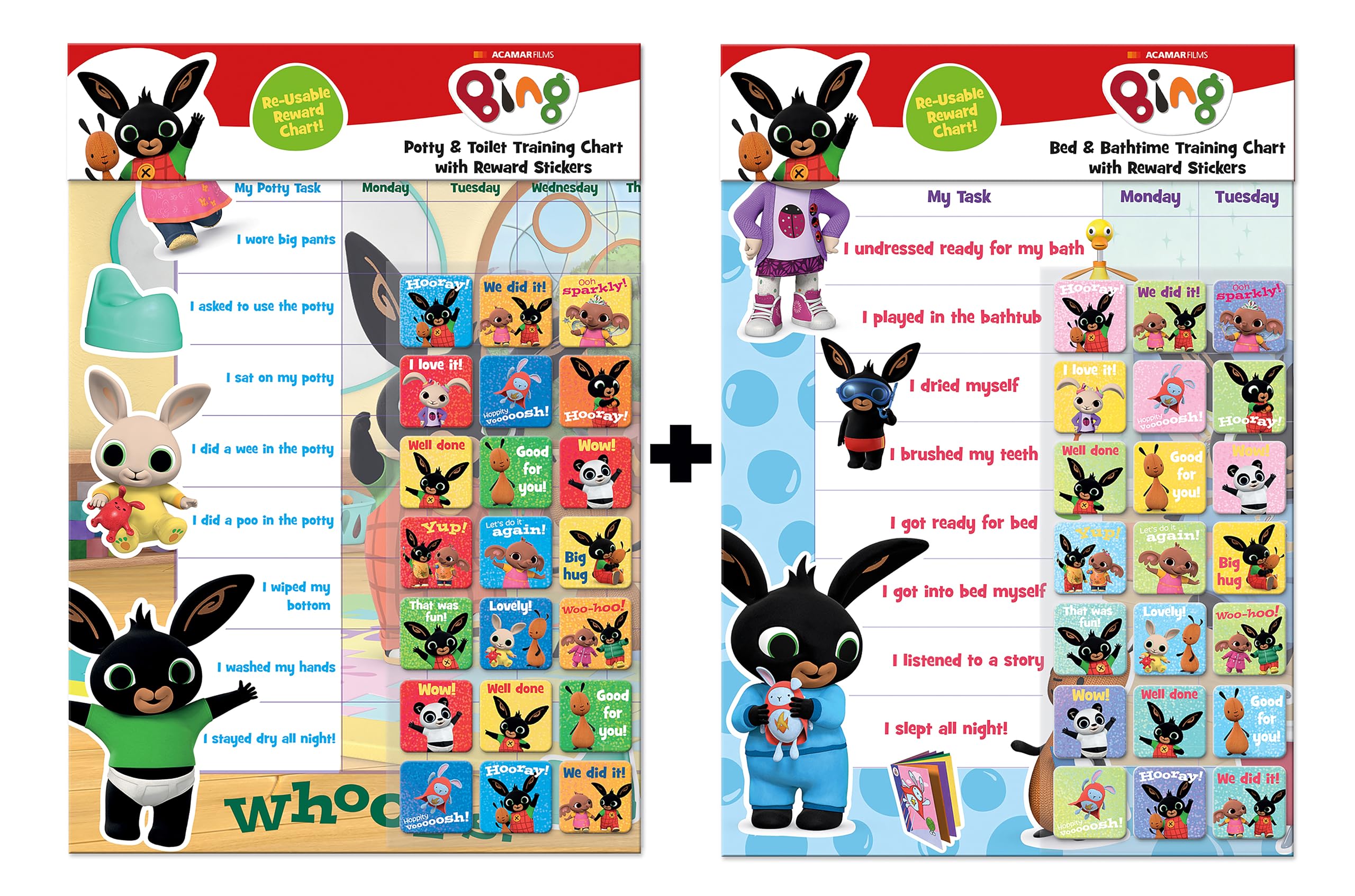 Paper Projects Bing Reward Chart Bumper Pack – Potty and Toilet Training Chart & Bath and Bedtime Reward Chart | Official Licensed Product | Includes Reusable Stickers, 29.7cm x 42cm