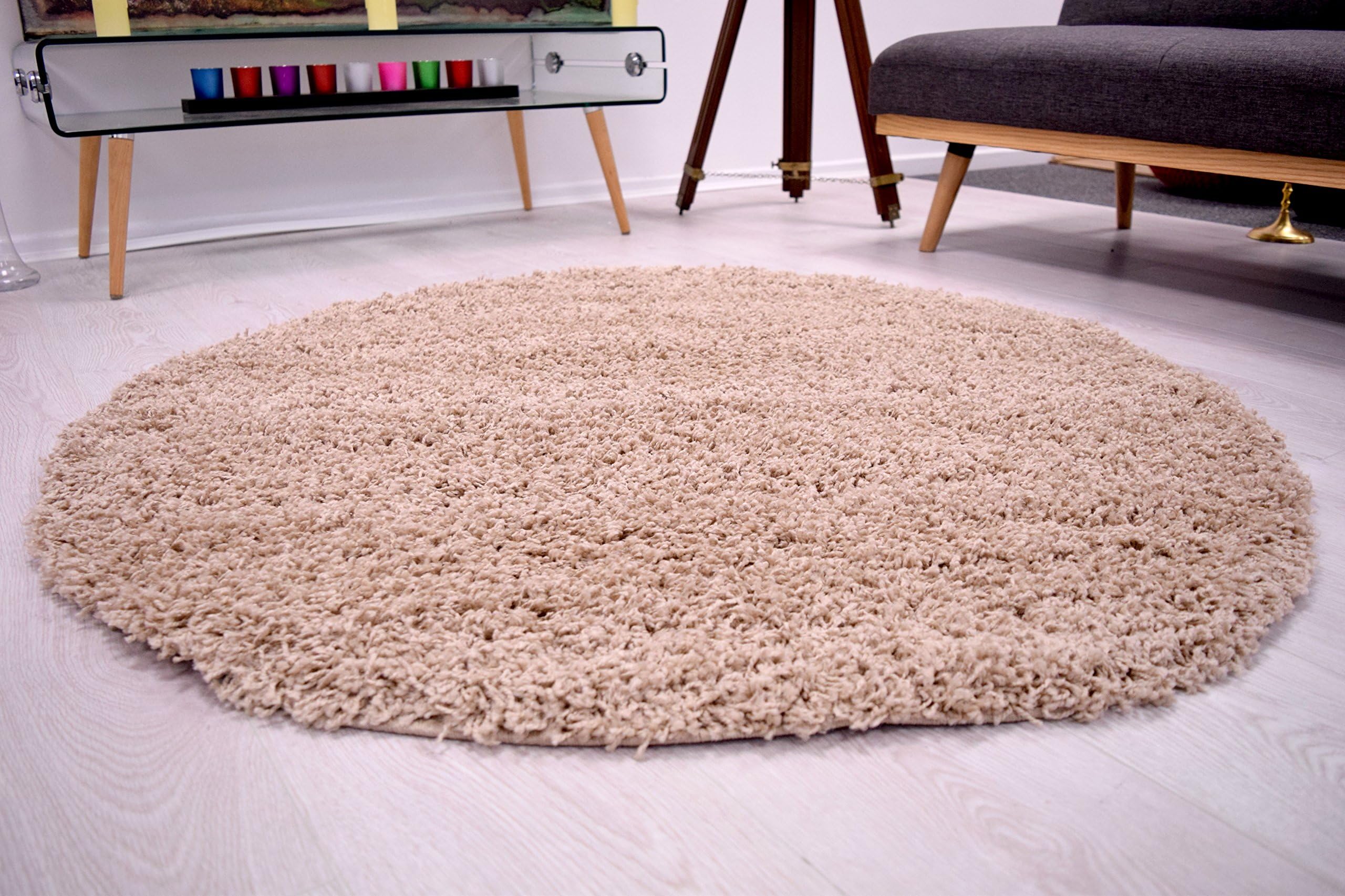 AHOC® 120cm Light Beige Round Circle Plain Modern Shaggy Rugs Mats Circular 5cm Thick Soft Rug (120cm Circle, Light Beige)