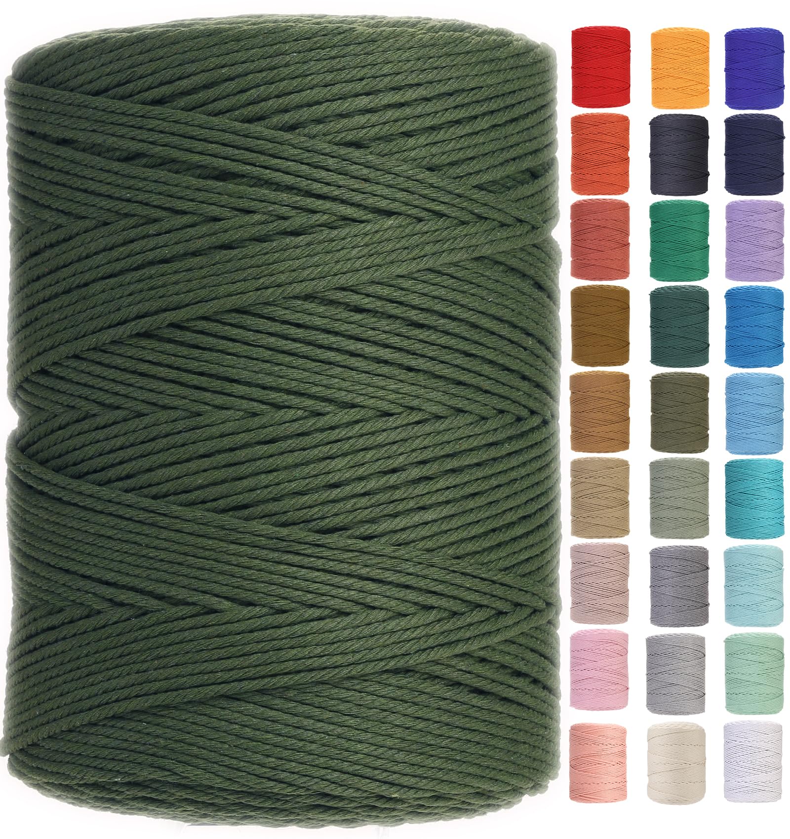 GOHOF Macrame Cord 3mm x 450m Premium Cotton Rope, 4 Strand Twisted Soft Cord for Macrame Art, String Without Chemicals (Olive Green) — image 1