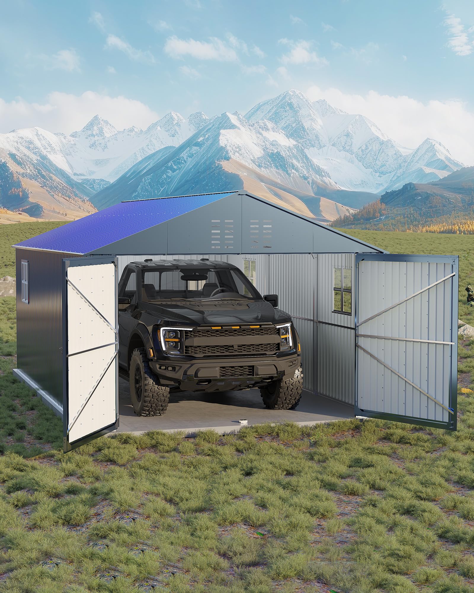 Photo 1 of ****They are used, have a dent in the middle and are missing parts to complete the garage GarveeLifeT Metal Carport, Enclosed Car Port with Reinforced Frame and Steel Roof for All-Weather Use, Metal Garage Shed for Full-Sized Pickup Trucks