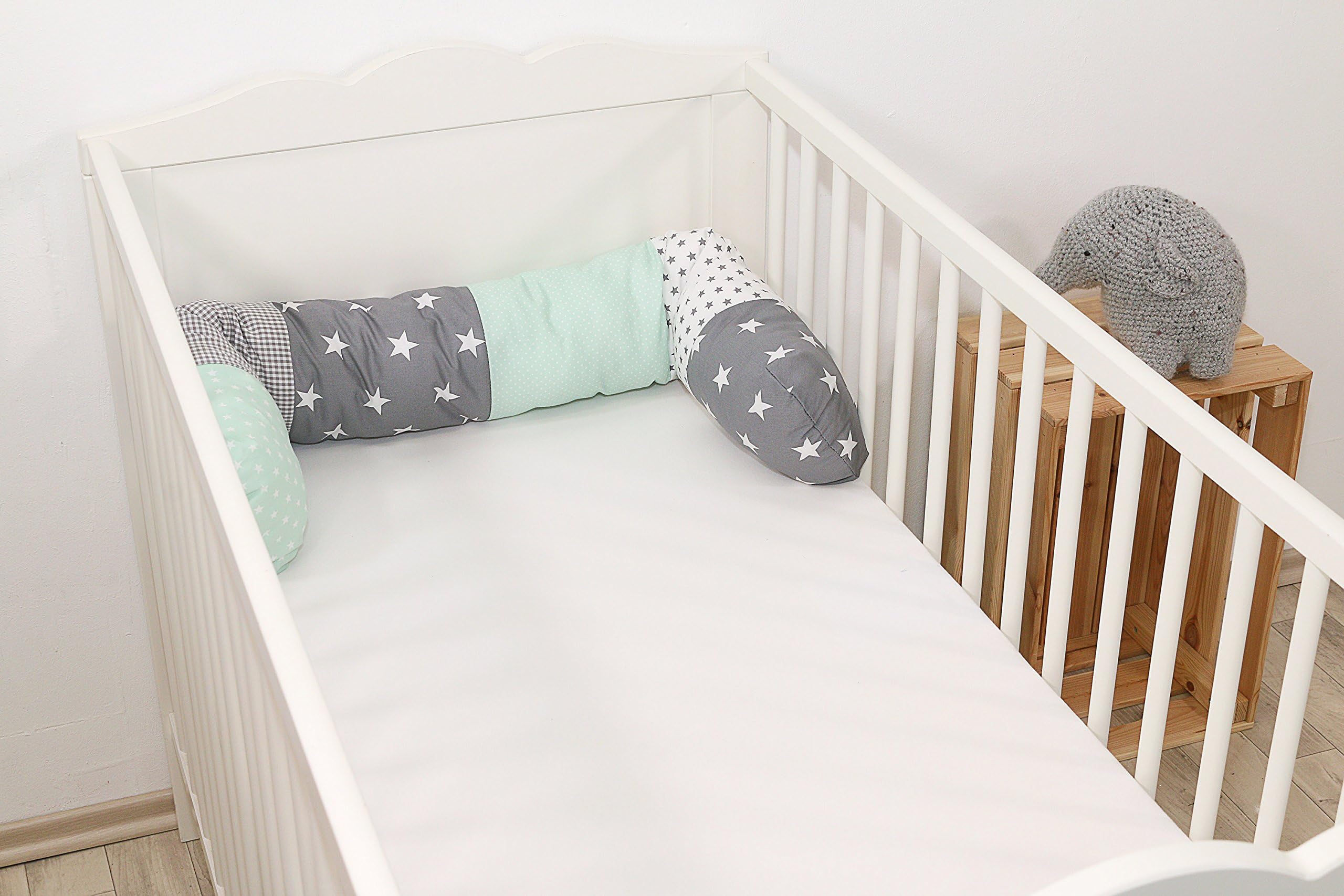 ULLENBOOM ® Bumper Snake Pillow, cot Bumper – Mint Grey (120x13 cm, Offers Ideal Protection from cot Edges, Support Pillow)