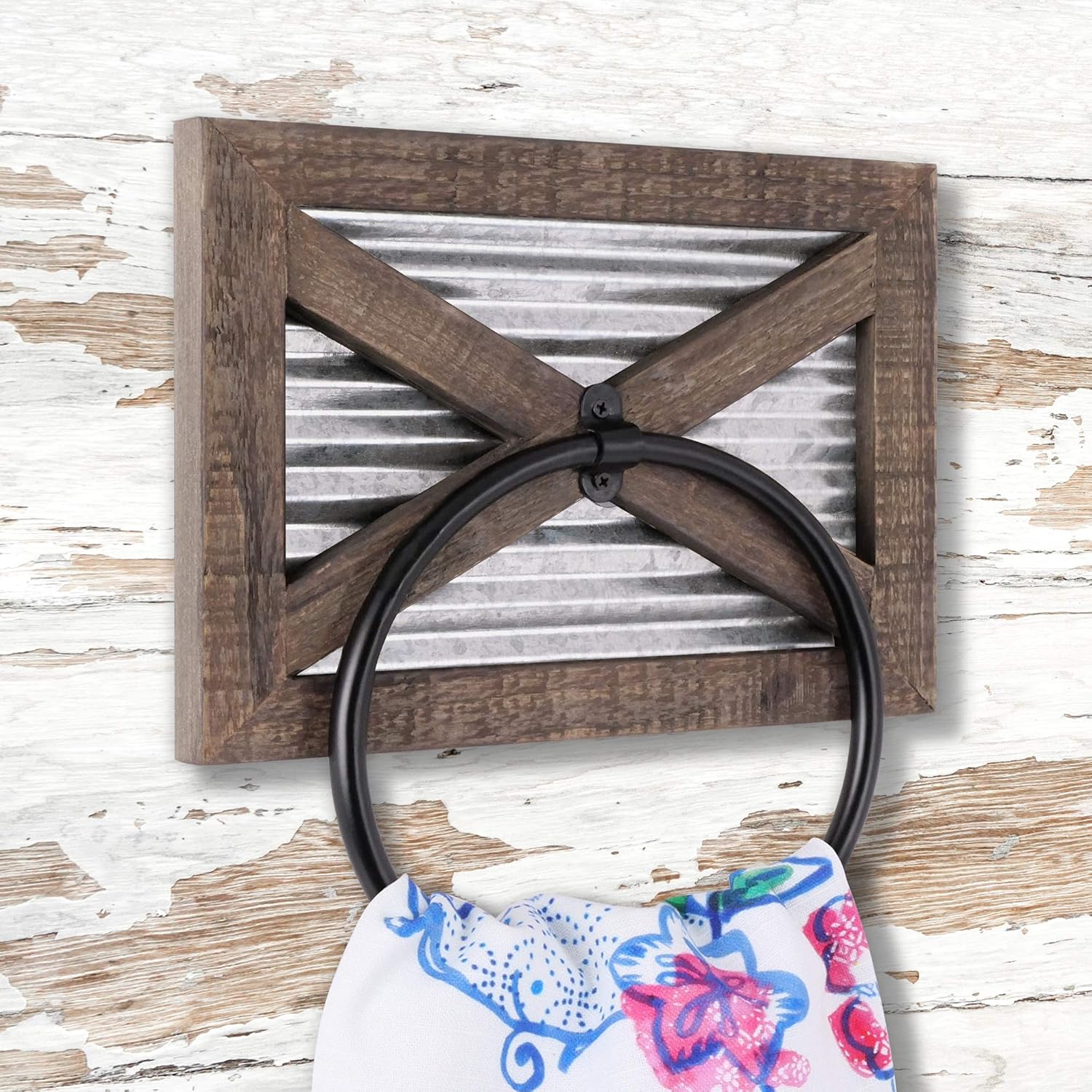 Autumn Alley Rustic Barn Door Bathroom Towel Ring | Wall Mounted Farmhouse Hand Towel Holder | Barn Wood, Galvanized Corrugated Metal and Black Ring Combine Perfectly for Country Charm: Home & Kitchen