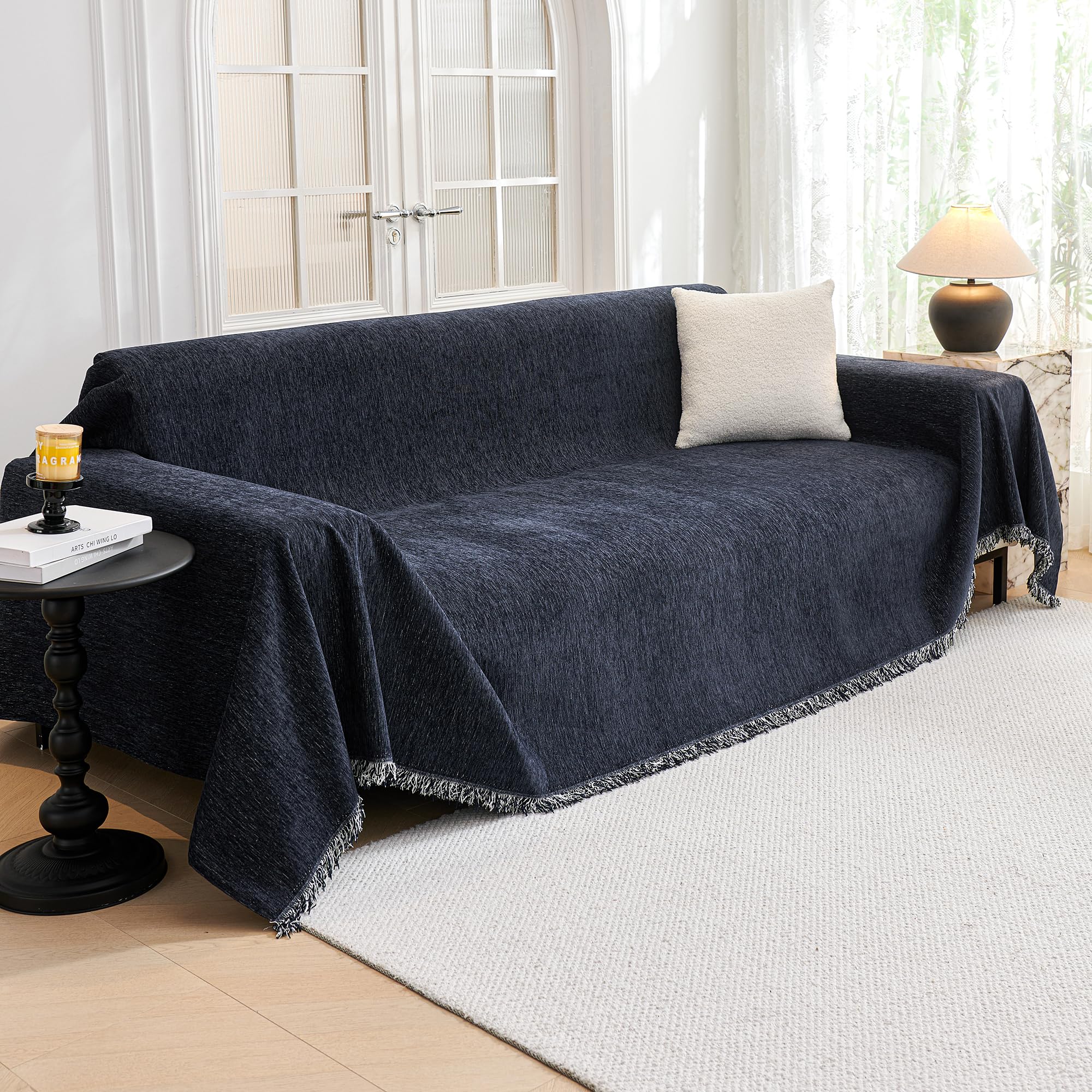 Photo 1 of MYSKY HOME Couch Cover for Dogs, Washable Couch Covers for 3 Cushion Couch Sofa, Super Soft Chenille Sofa Slipcover, Non Slip, Furniture Protector, 71"x150", Navy Blue