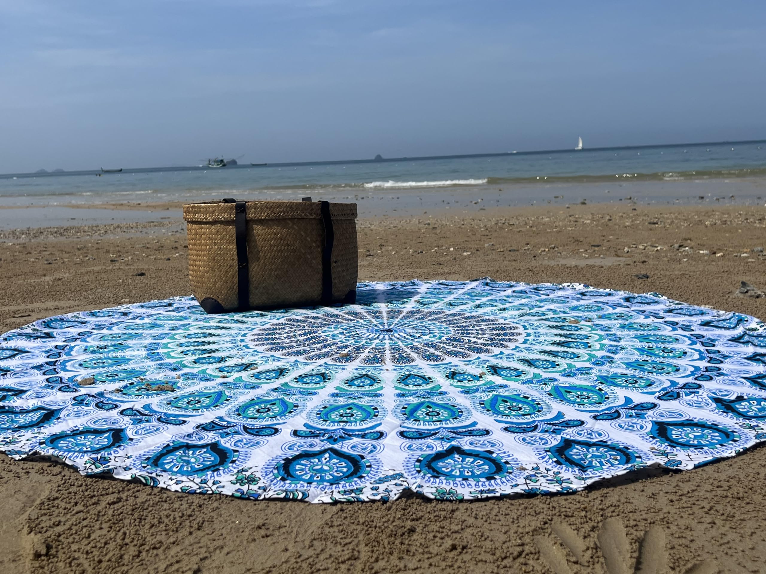 raajsee Round Beach Towel Boho Throw Hippie Tapestry Cotton Table Cloth Meditation Yoga Mat Rugs (WHITE BLUE)