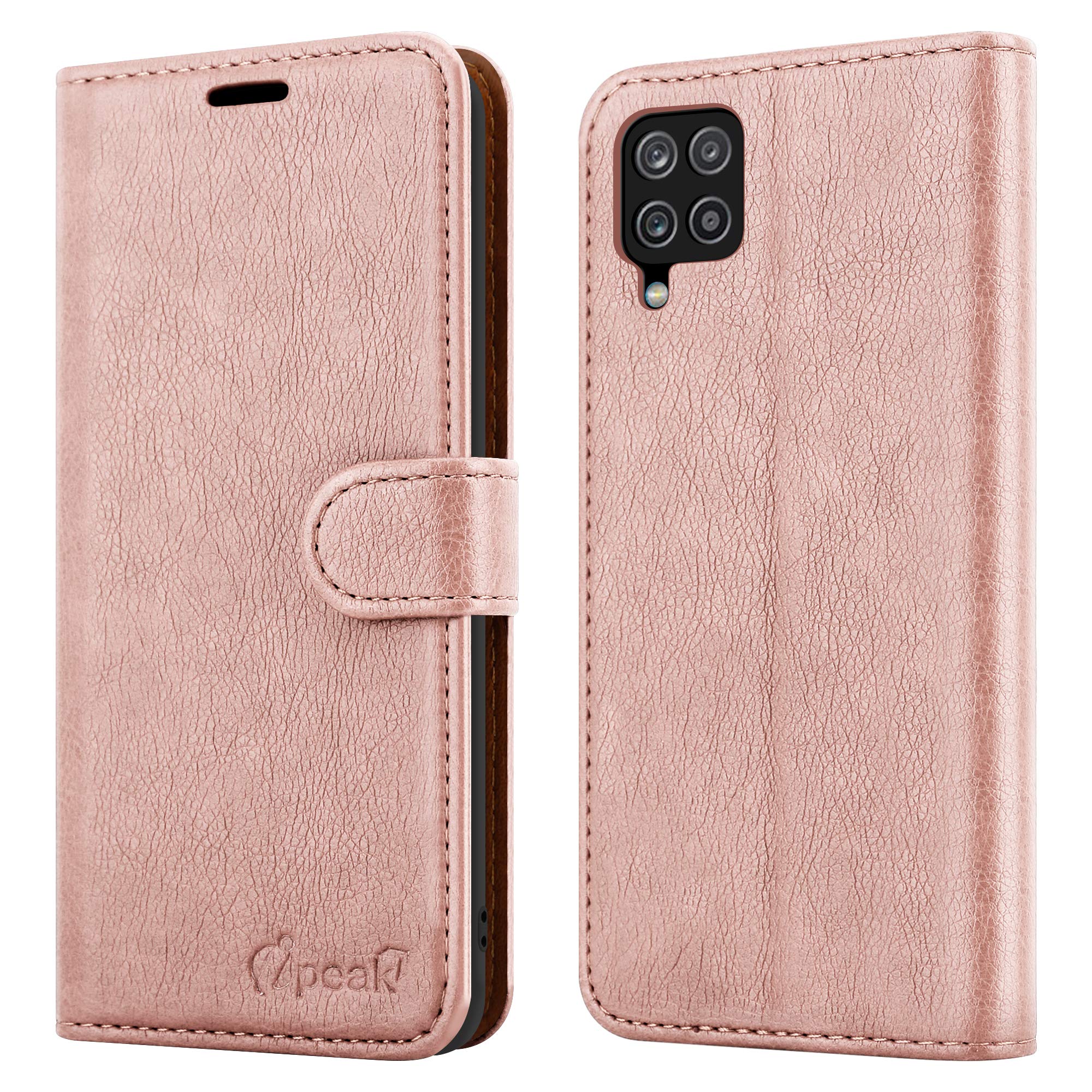 iPEAK For Samsung Galaxy A12 Case (6.5’’) Leather Flip Magnetic Closure Folio Book Kickstand Card Holder Wallet Cover Full Protection for Galaxy A12 Phone (Rosegold)