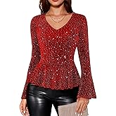 Timormode Sparkly Tops for Women Long Sleeve V Neck Ruffle Hem Sequin Shirts Glitter Blouses Evening Party Night