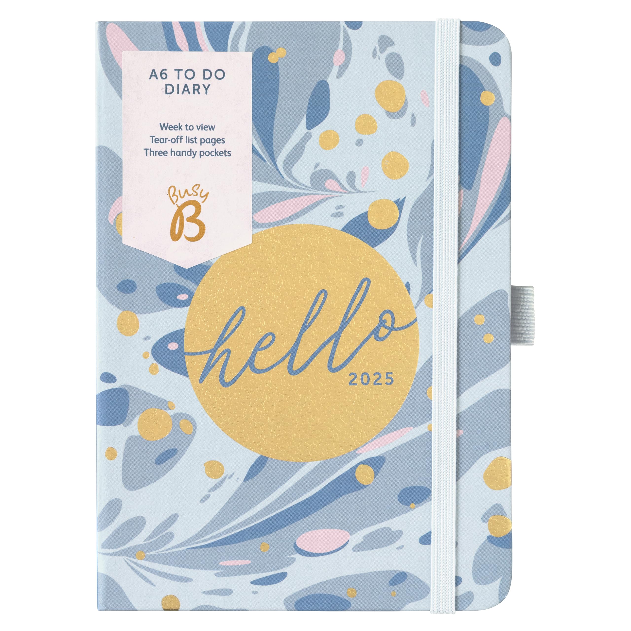 Busy B 2025 Diary A6 Weekly Planner with To-Do Lists & Notes Pages – Compact Blue Marble Journal - Week-to-View Layout, 3 Pockets & Year Planner