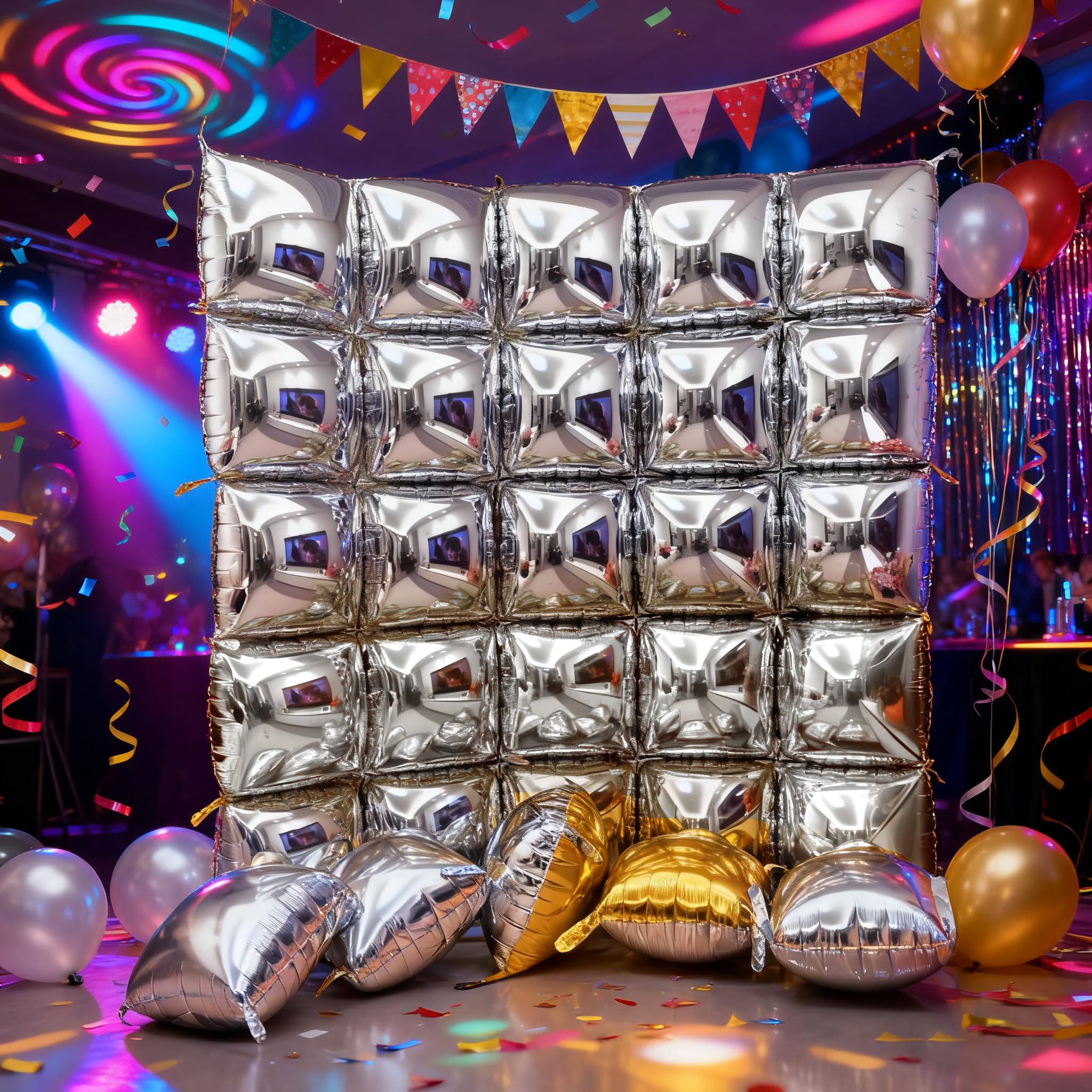 Photo 1 of ?50pcs? Square Foil Silver Balloons Wall Backdrop Double Sided Wedding Mylar Balloon Tunnel Arch Garland Kit Bachelorette Valentine's Day Gold and Silver Birthday Balloons for Party Decorations