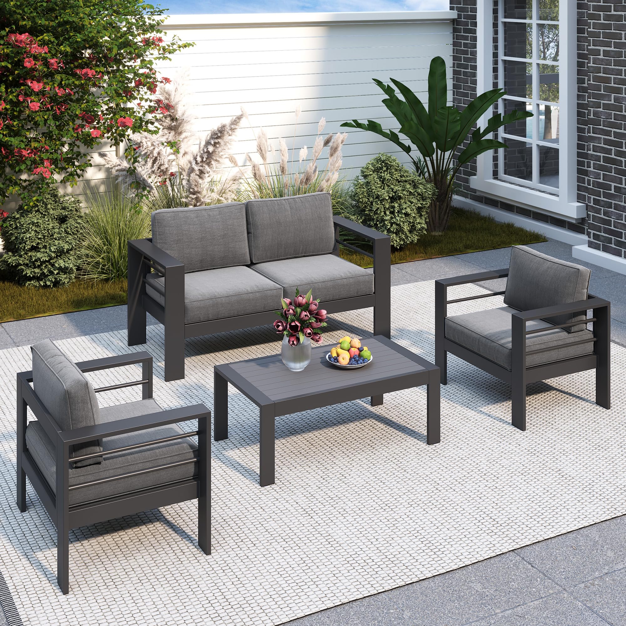 Photo 1 of **one pc** table**Solaste Aluminum Patio Furniture Set for All Weather, Oversized Metal Outdoor Furniture Set with 27.5" Deep Seating and 3.2" Wide Armrest, Outdoor Patio Conversation Sets with 10" Back Cushion, Gray
