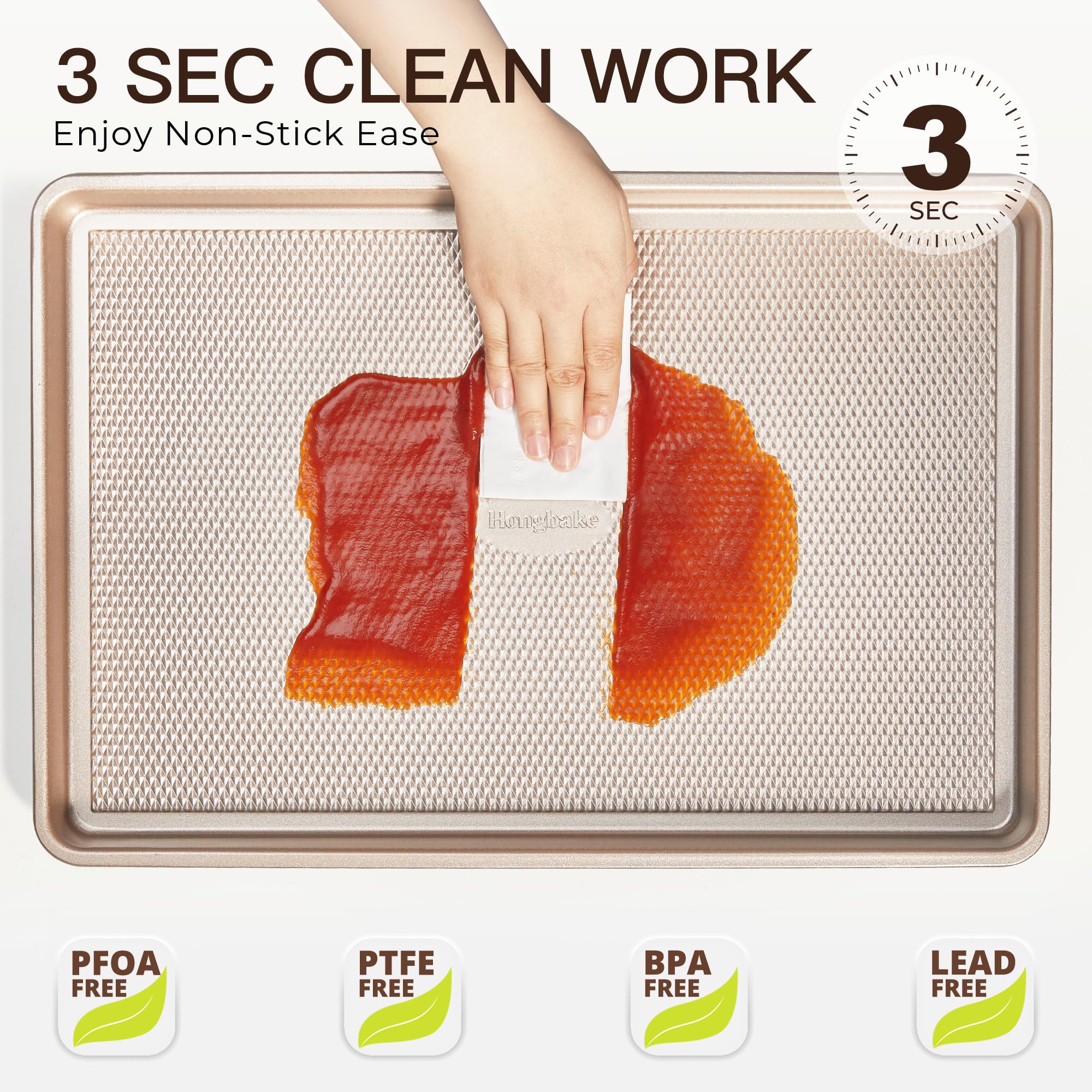 HONGBAKE Baking Sheet Pan Set of 3, Cookie Sheets for Oven, Nonstick Half/Quarter/Jelly Roll Pans with Diamond Texture Pattern, 0.8mm Thick Heavy Duty Cookie Tray, Champagne Gold