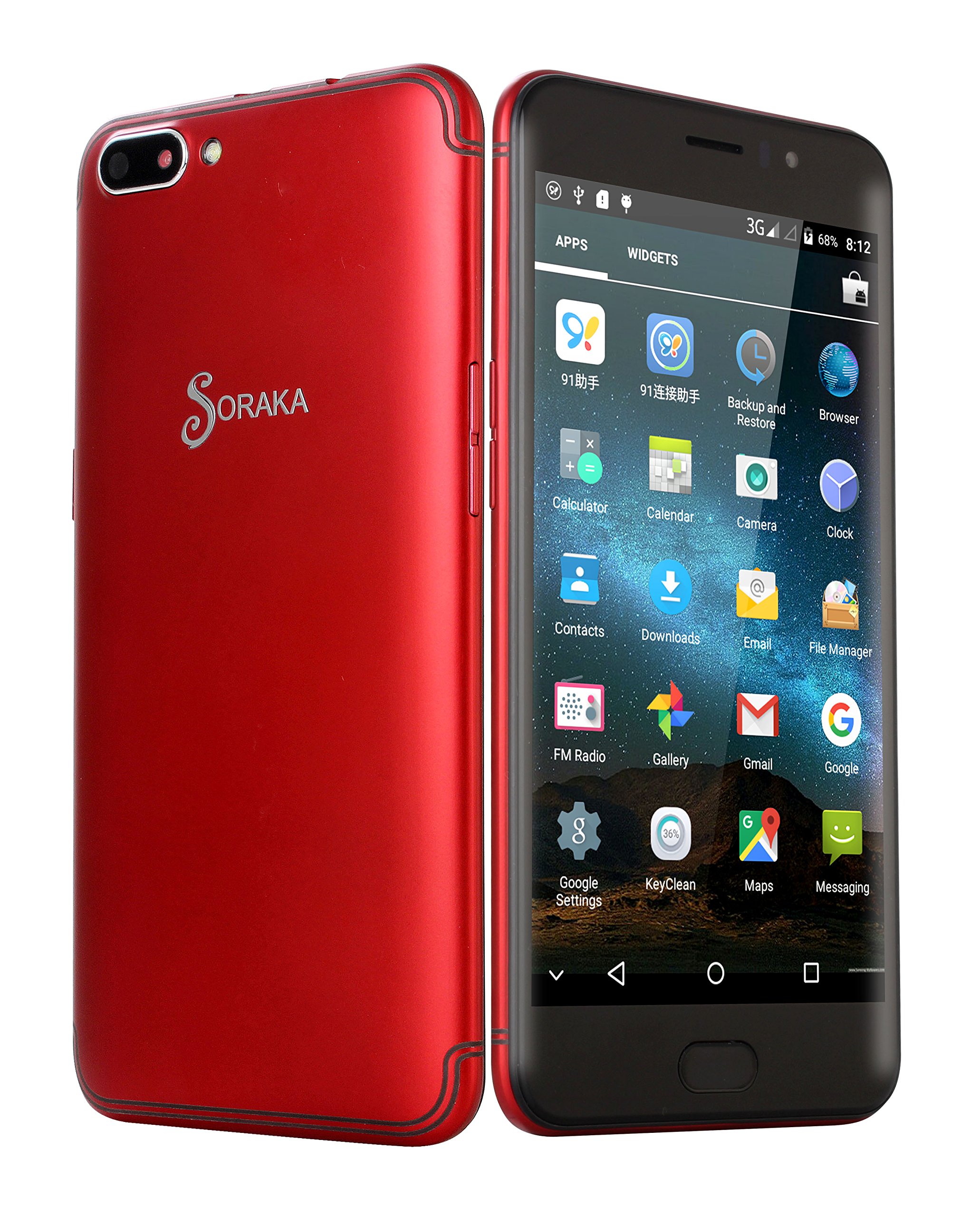 SORAKA Unlocked Smartphone 5.5 Zoll Android 5.1 Speicherkarte 64G ROM 16GB + RAM 1GB MTK6580A HD Bildschirm (720/1280) (Rot)