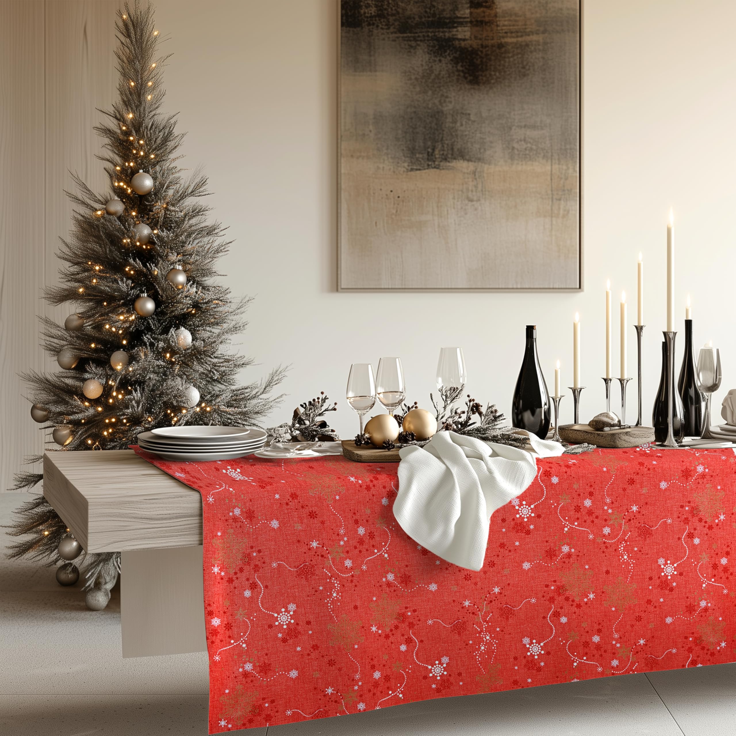 KP HOME PVC Table Cloth Wipe Clean Tablecloth Red Christmas with Gold Snowflakes Print - Rectangular 200x140 Waterproof and Wipeable Plastic Table Cover 200 x 140 Vinyl Oilcloth Tablecloths Winter