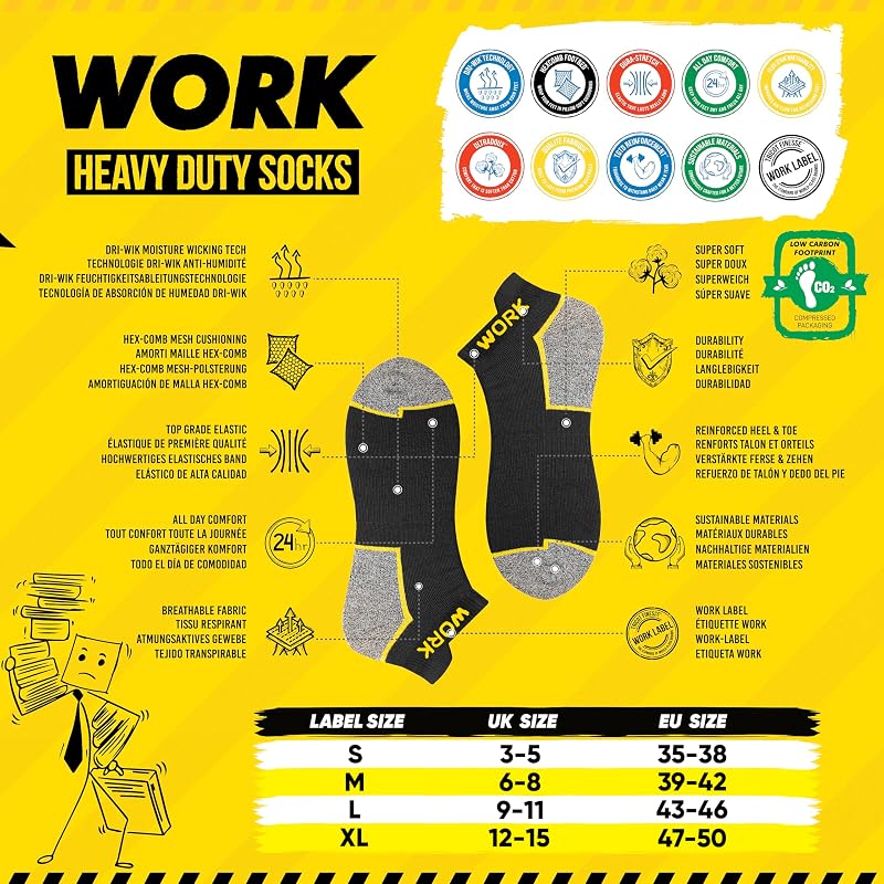 10 Pairs Socquettes de travail noires homme | Technologie DRI-WIK d’évacuation de l’humidité | Semelle ultra douce et coussinée | Talon et pointe renforcés | WORK socks lot de 10 paires, 39-42