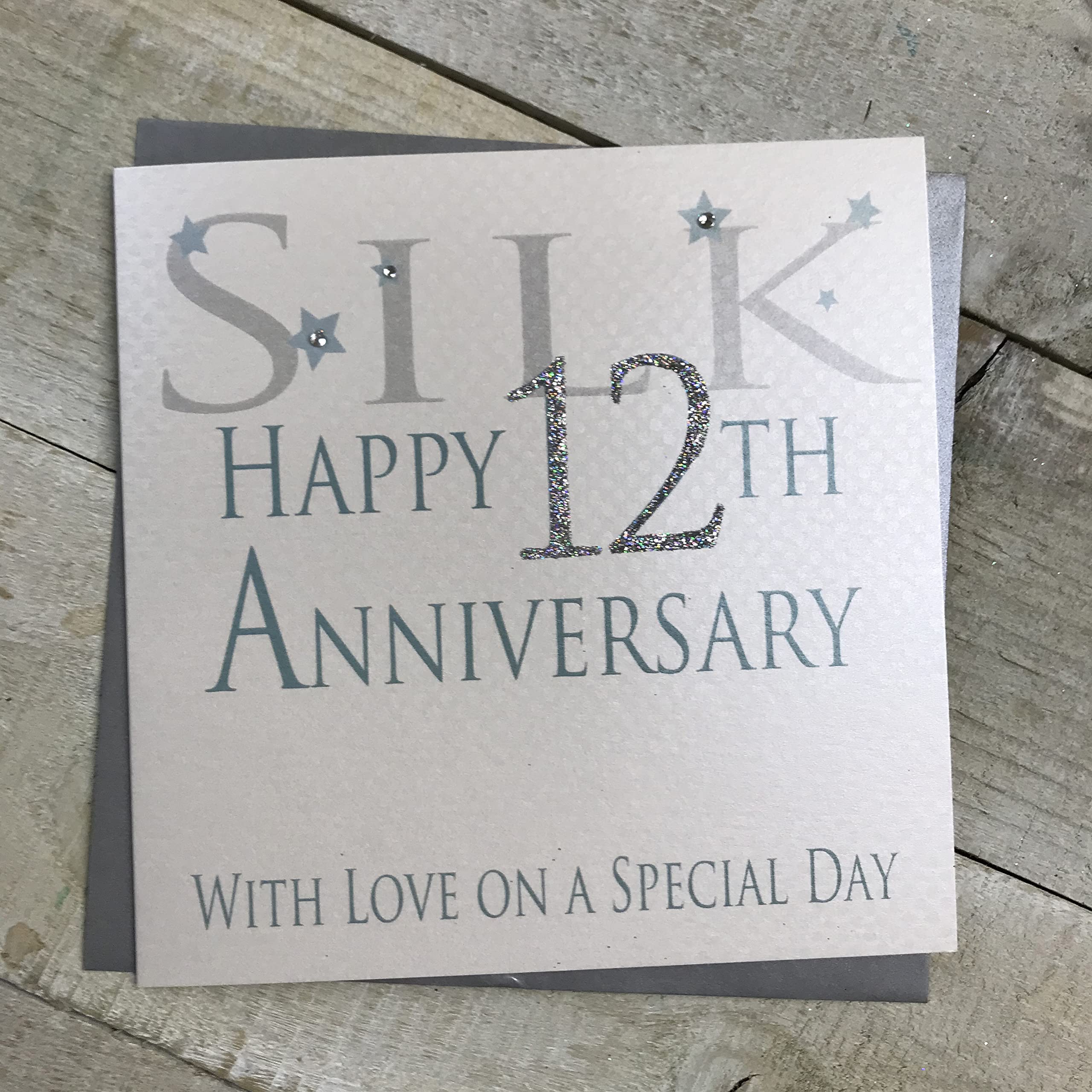 white cotton cards Silk Happy 12th Love On A Special Day, Handmade Anniversary Card (Code AW12)