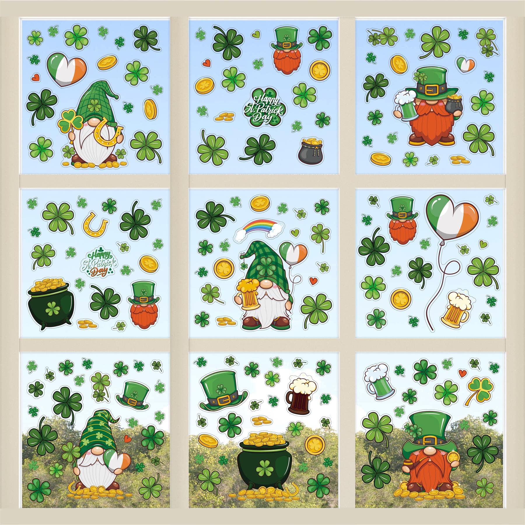 WALPLUS 162 PCS St Patricks Day Window Stickers Double Sided St Patrick Window Stickers Reusable St Pats Window Stickers Shamrock Gnomes St Patricks Day Decorations Spring Window Stickers