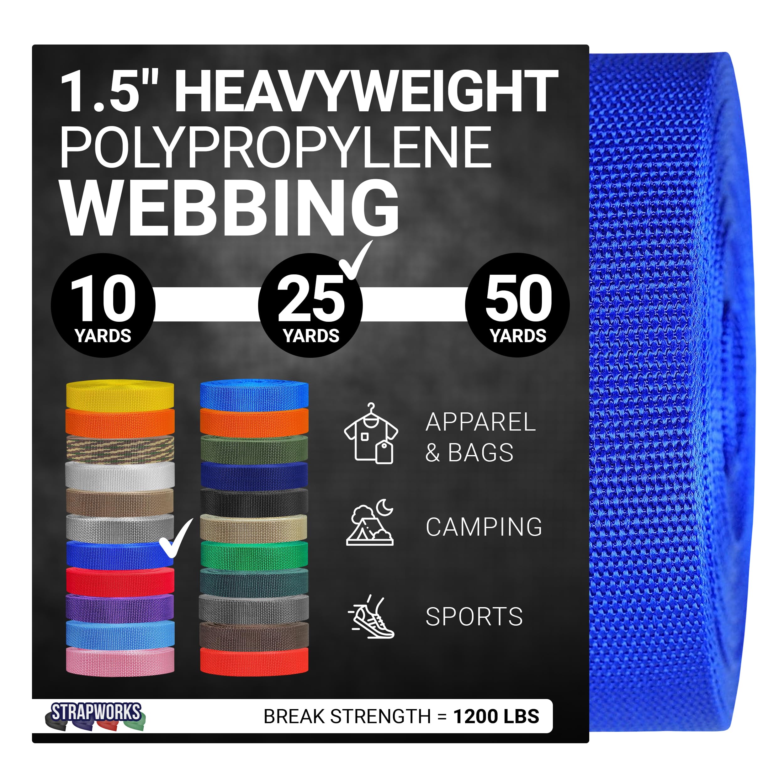 Strapworks Heavyweight Polypropylene Webbing - Heavy Duty Poly Strapping for Outdoor DIY Gear Repair, 1.5 Inch x 25 Yards, Royal Blue