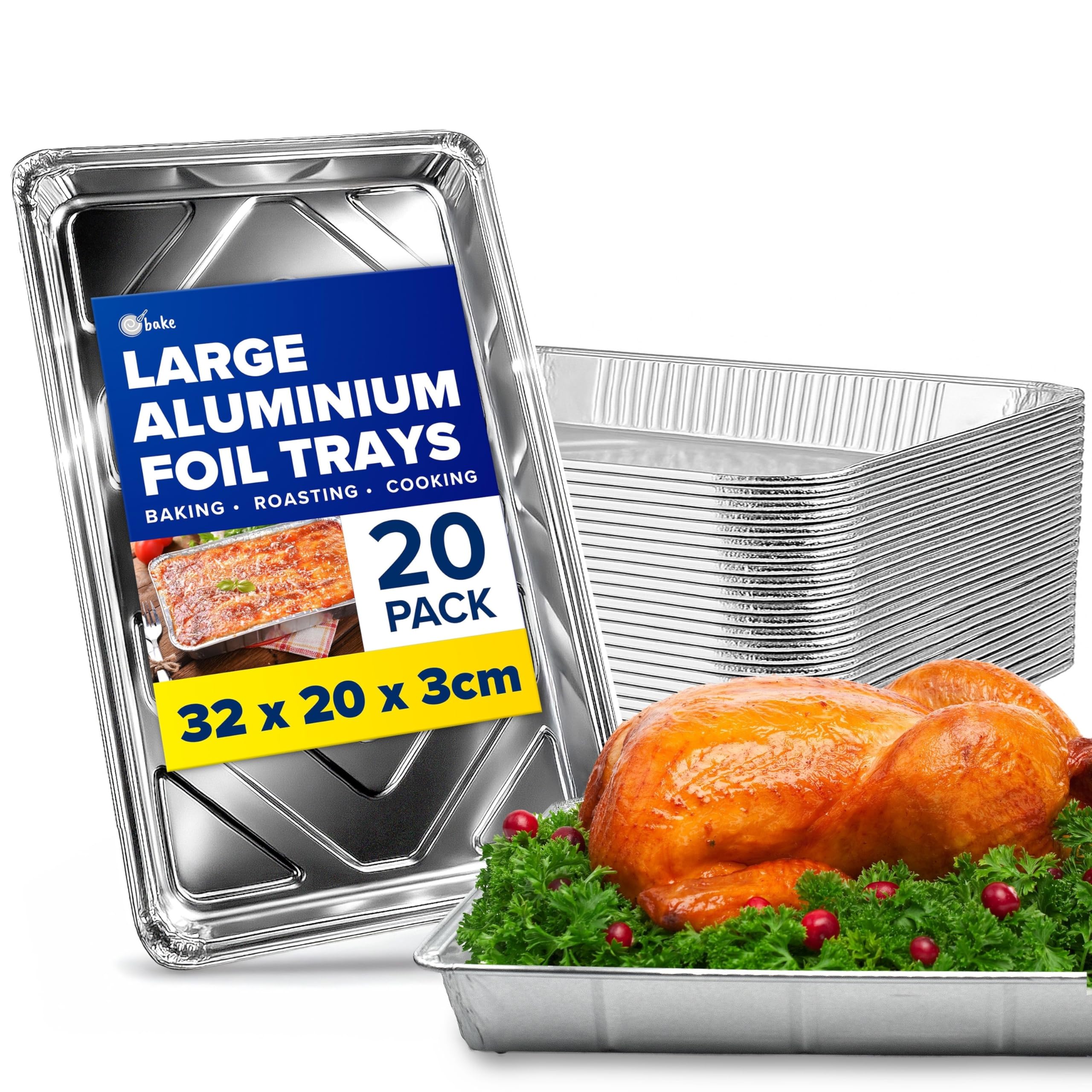 ebake Aluminium Foil Trays - 20 Pack Disposable Foil Containers (32cm x 20cm x 3cm) - Large Roasting Tin for Baking, Roasting, Cooking, Broiling, BBQ and Food Storage - Foil Baking Trays for Oven