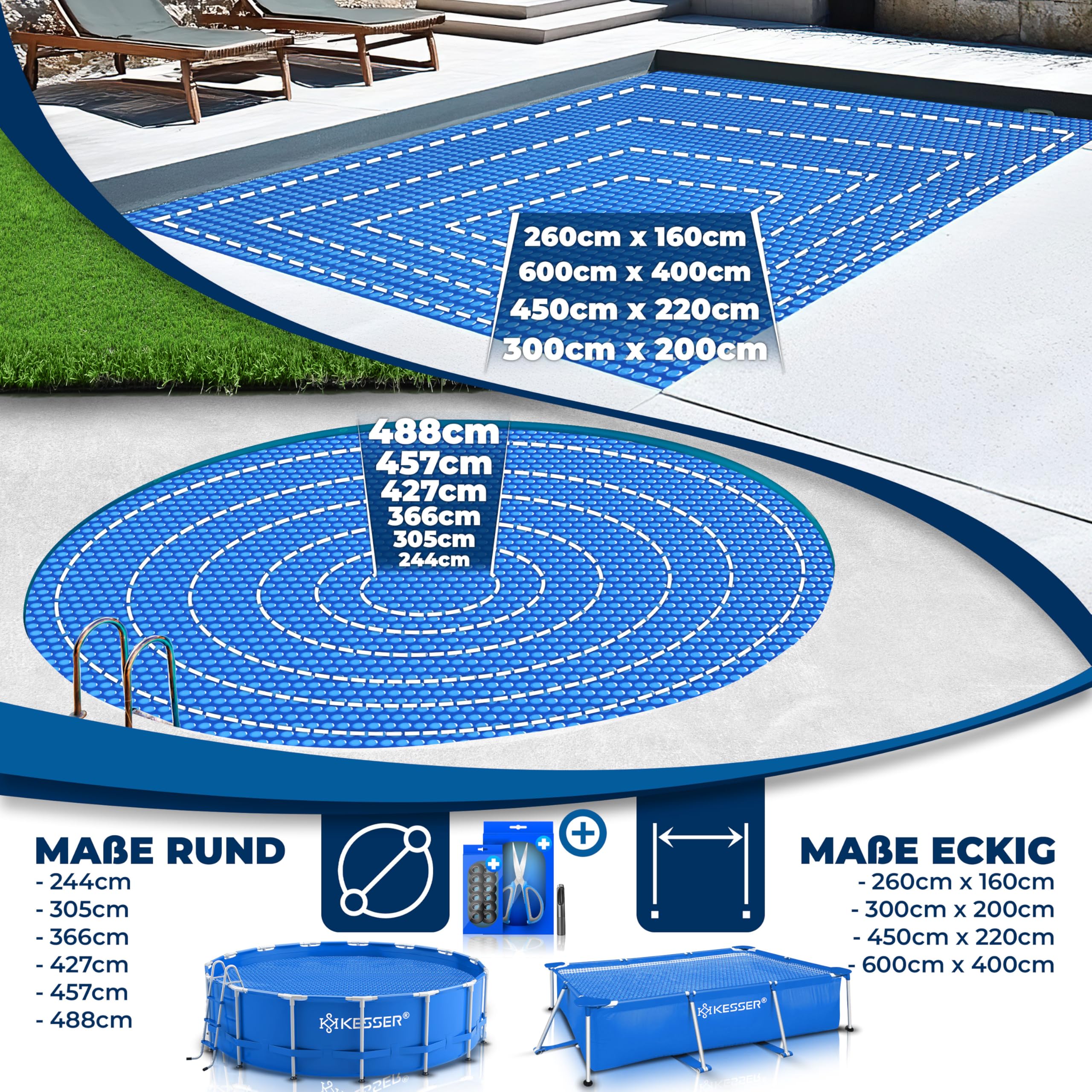 KESSER® Pool Solarabdeckplane Rund Ø 366 cm, Solarfolie 120 µm, Solarabdeckung Solarplane zuschneidbar, Poolheizung Wassererwärmung Wärmeplane, Poolsolarplane mit 1x Schere, 1x Lochzange & 12x Ösen 8