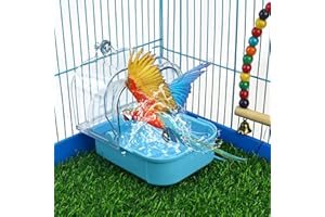 Nobgum Bird Bath for Cage, Blue Bird Bathtub with Hanging Hooks, Upgraded Bird Bath Box for Cage Accessory Small Birds Parrots Cockatiel Budgies Shower Food Feeder Holder