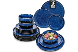 vancasso Starry 18 Pieces Dinnerware Sets for 6, Blue Reactive Glaze Dishes Sets, Ceramic Plates and Bowls Set, Dinner Salad 