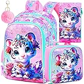 FTJCF 16" Girls Backpack, 16" Kids Bookbag with Lunch Box,Tiger School Backpacks for Elementary Preschool Kindergarten (Pink)