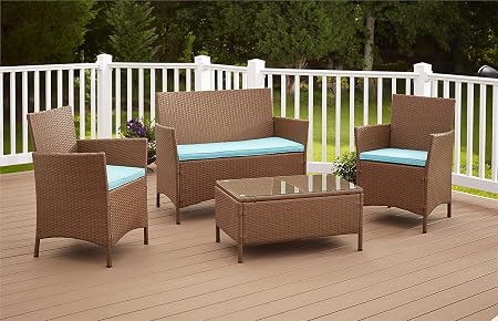 Amazon Com Cosco Dorel Industries Outdoor Jamaica 4 Piece Resin Wicker Complete Patio Set Tan With Teal Cushions Garden Outdoor