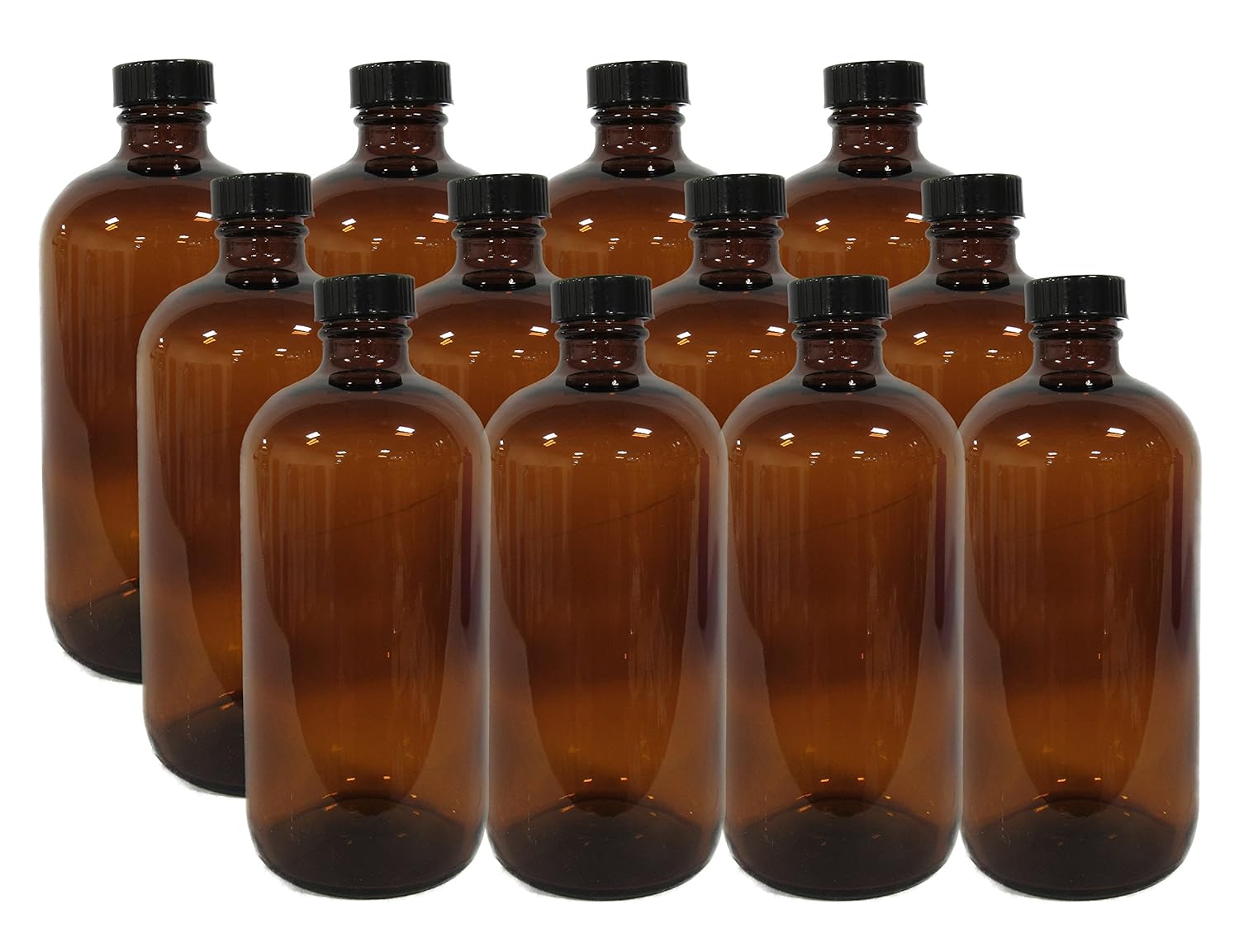 12 Pack 16 Ounce Boston Round Glass Bottles with cap (Amber