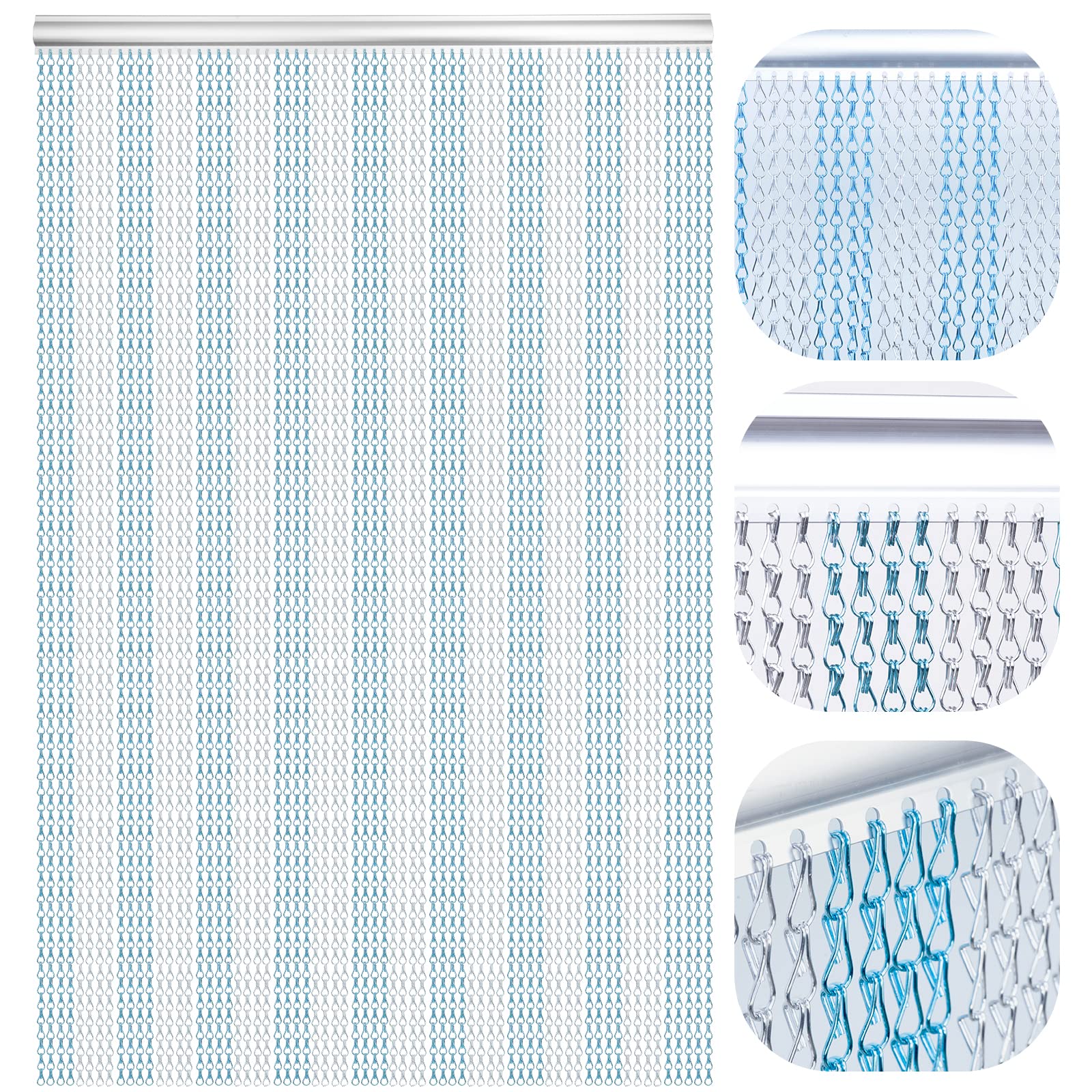 Chain Door Screen 90 x 210cm Aluminium Chain Curtain for Doorways Decoration, Metal Fly screens Insect Blinds Pest Control (Blue & Silver)