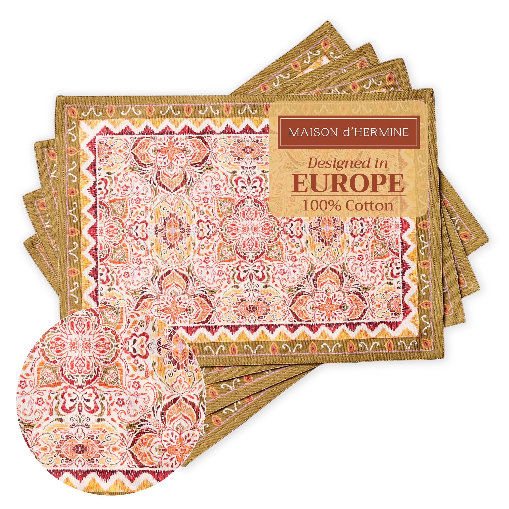 Maison d' Hermine Placemats Set of 4 100% Cotton Washable Cloth Place Mats, Reusable Table Mats for Thanksgiving Christmas Decorations Kitchen Dining Party Wedding Restaurant (Damask, 13" x 19") Image