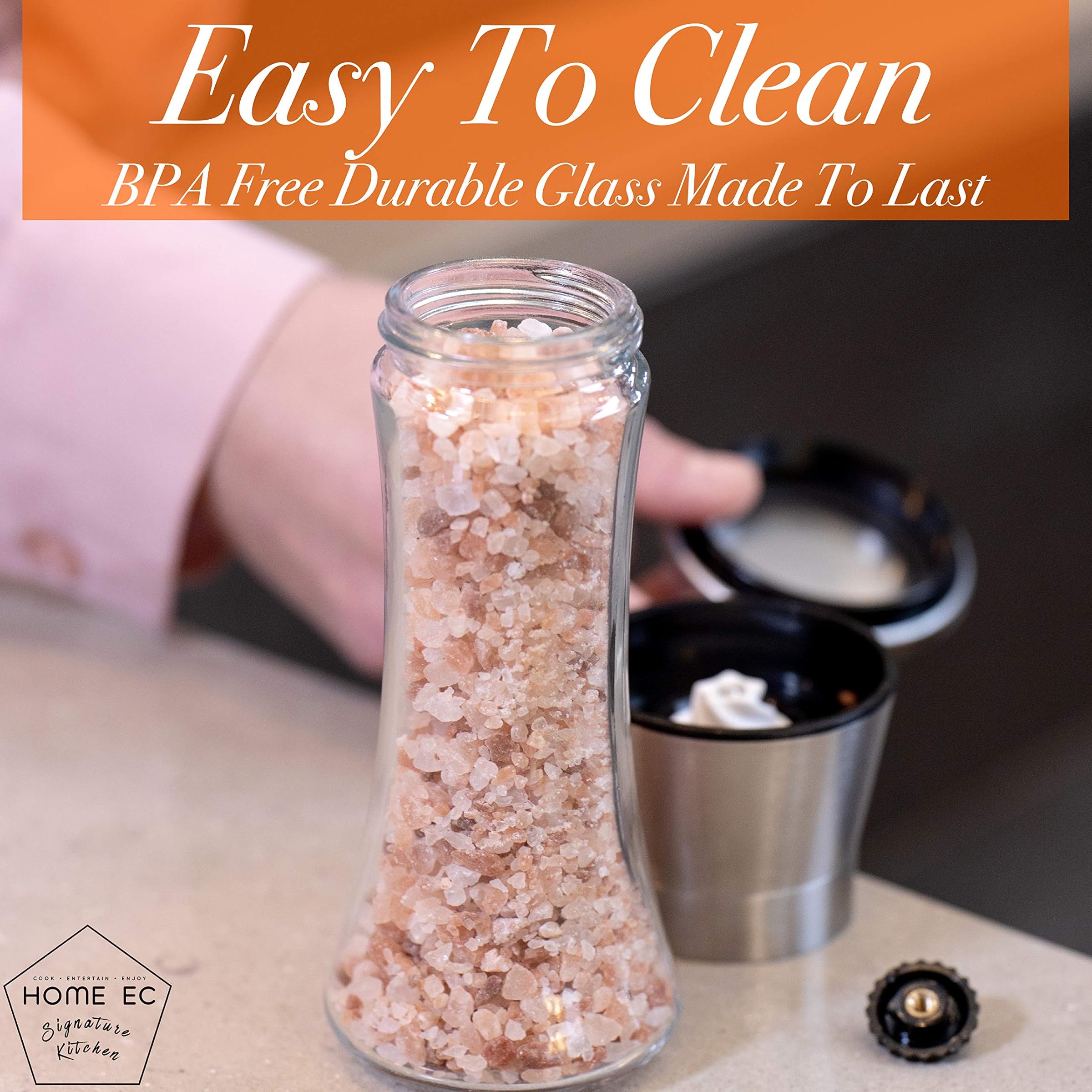 (Tall) - Premium Stainless Steel Salt and Pepper Grinder Set of 2 - Adjustable Ceramic Sea Salt Grinder & Pepper Grinder - Tall Glass Salt and Pepper Shakers - Pepper Mill & Salt Mill with Free Funnel & EBook