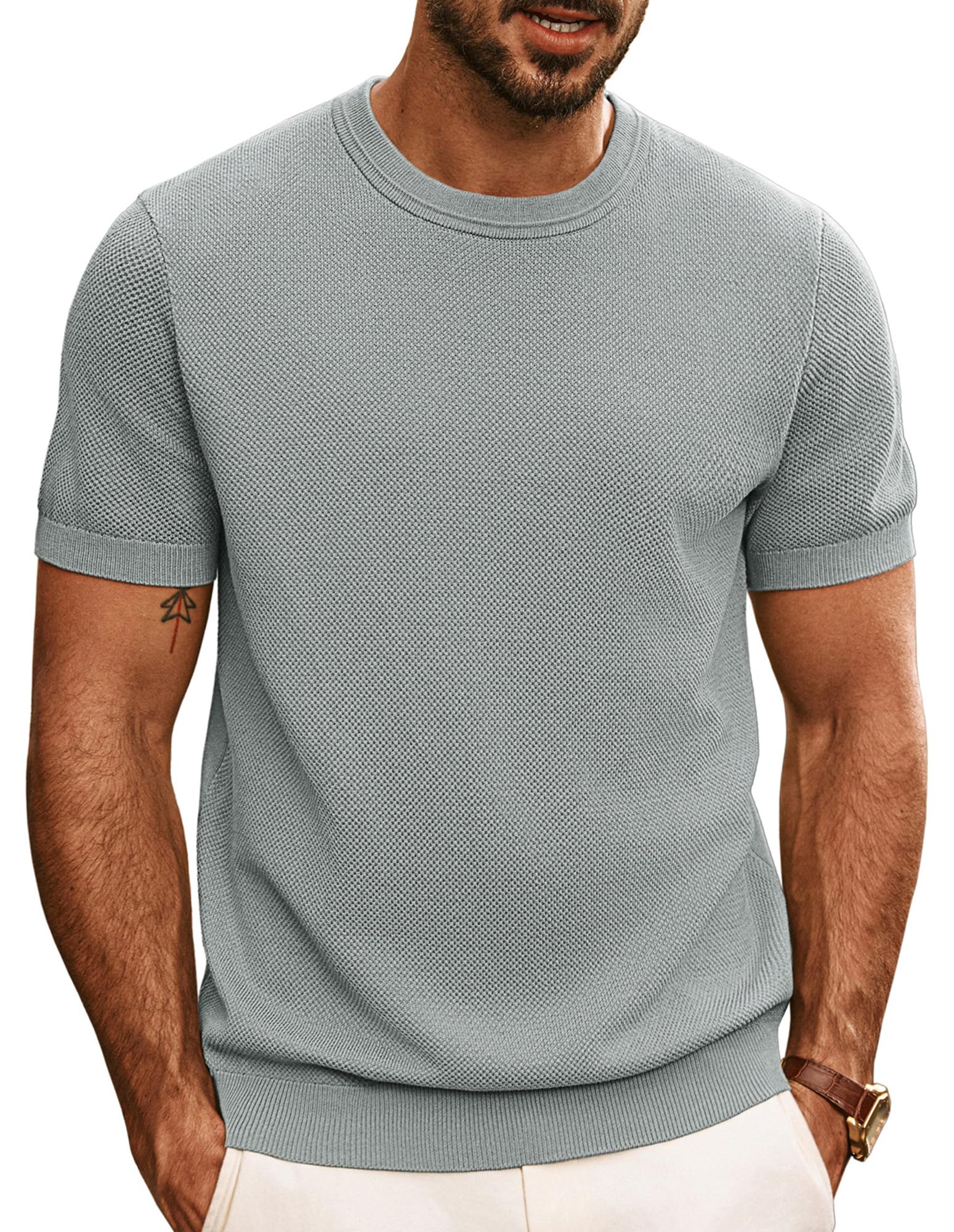 Photo 1 of PJ PAUL JONES Tee Shirt for Men Classic Crewneck Knit Shirts Short Sleeve Textured T-Shirts Light Grey