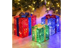 PEIDUO Christmas Decorations Indoor, Set of 3 Lighted Christmas Boxes, Outdoor Presents Christmas Decorations with 48 Warm White Lights, Under The Xmas Tree Packages for Holiday Party Home Decor