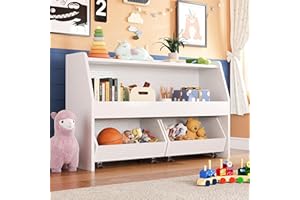 COZPAW Toy Storage Organizer with Movable Drawers, Toys Organizer Bookshelf for Toddlers, 2 Tier Toys Cabinet Chest, Bookcase Storage Bins for Kids Room Bedroom Living Room Nursery, White