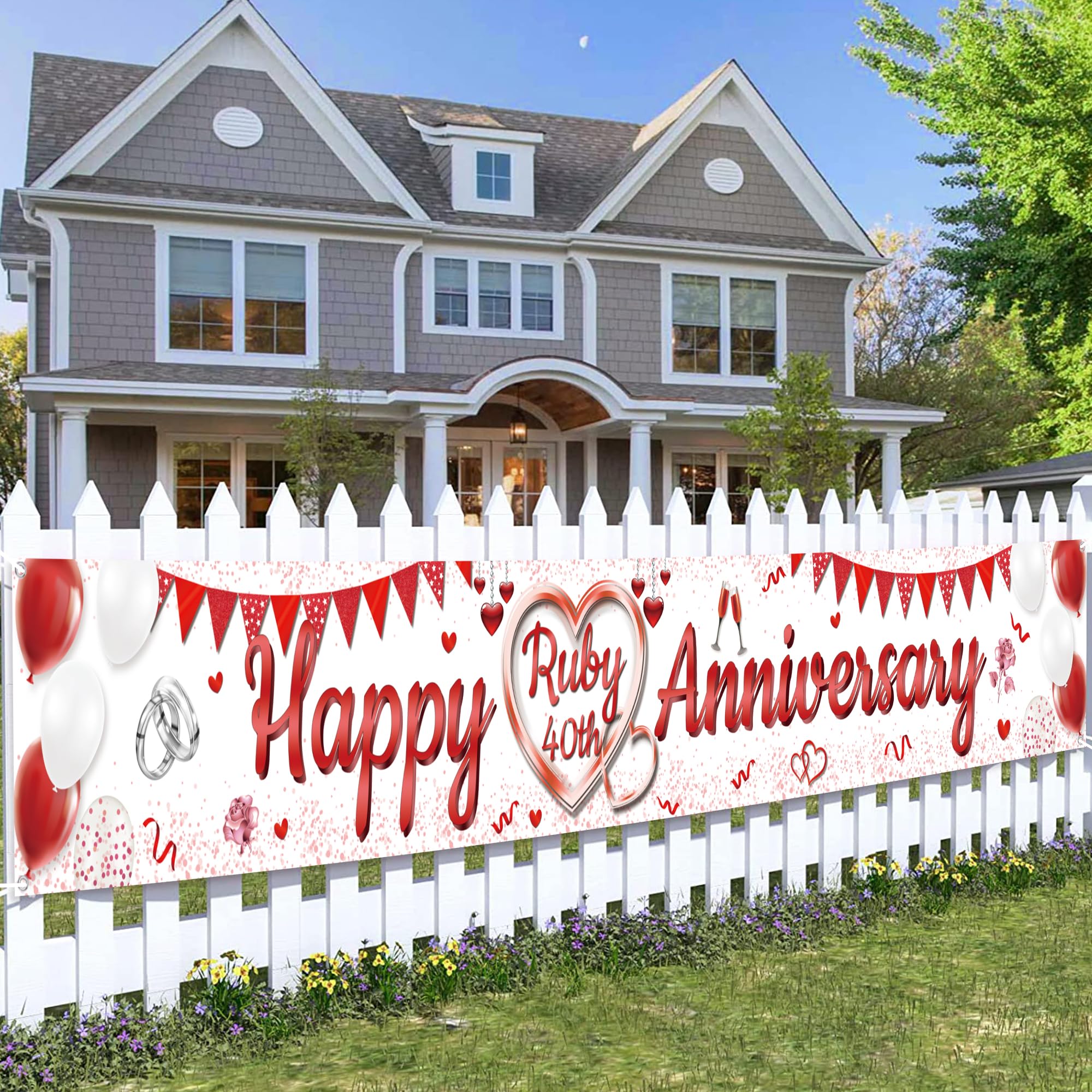 40th Wedding Anniversary Decorations Banner - Happy Ruby 40th Anniversary Yard Banners, Glitter Backdrop Party Supplies for Couples(37x274cm/14.5x107.8in) — image 1
