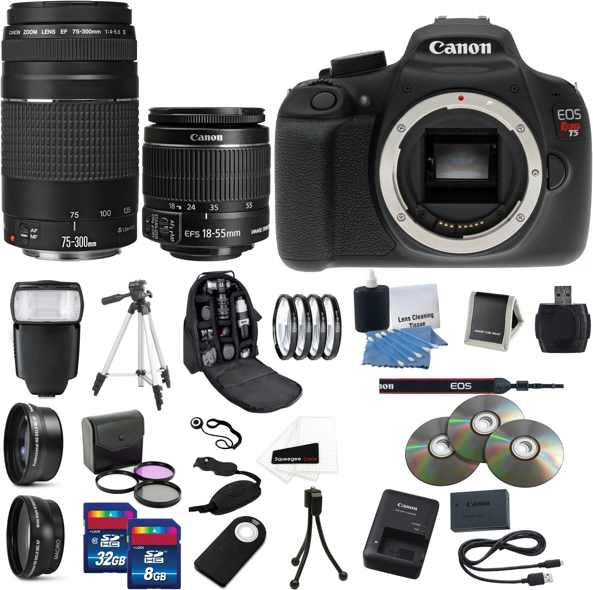 Canon Rebel T5 DSLR Camera with EF-S 18-55mm IS II & 75-300mm Zoom Lens Complete Mega Kit Ultimate Professional Camera Accessory Bundle