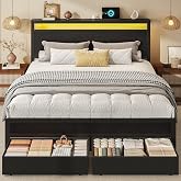 HISOFT Queen Bed Frame with Storage, Wood Headboard with Fast Charging Station, LED Lights, Platform Bed Frame Queen Size, Fabric Drawers with Wheels, No Box Spring Needed, Noise Free, Black