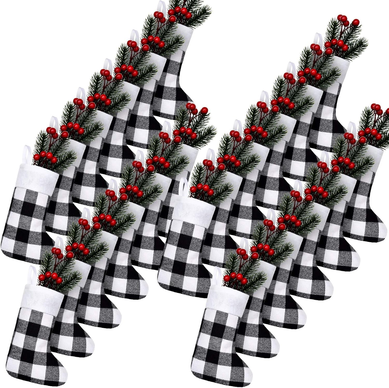 Stockings & Holders - Skylety 24 Pcs Christmas Stockings Bulk Christmas Classic Buffalo Plaid Stocking with Plush Cuff for Family Christmas Holiday Party Decor (Black White,Plaid)