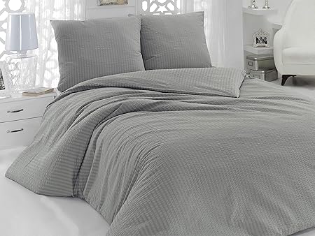 Sale And More 100% Baumwolle Seersucker Bettwäsche Bettgarnitur Set Uni Größen (Grau, 240 cm x 220 cm)