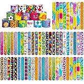 Shindel 96PCS Slap Bracelets Bulk, Kids Slap Wristbands Snap Bracelets Tie Dye Dinosaurs Mermaid Emotions for Party Favors Classroom Prizes Kids Birthday