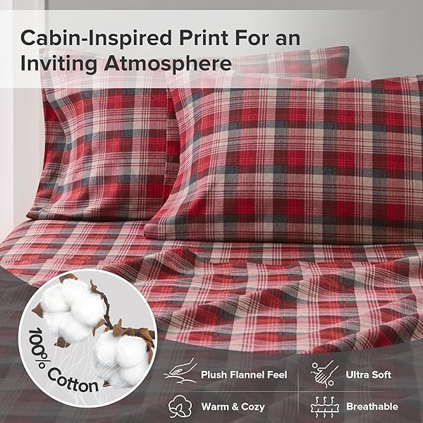 WOOLRICH COTTON SHEET SET COTTAGE CHARMS PRINT, 100% COTTON FLANNEL SHEETS WARM & FUZZY BEDDING SET KING SIZE SHEETS, FITTED POCKET FITS UP TO 14″ MATTRESS, KING RED PLAID, 4 PIECE