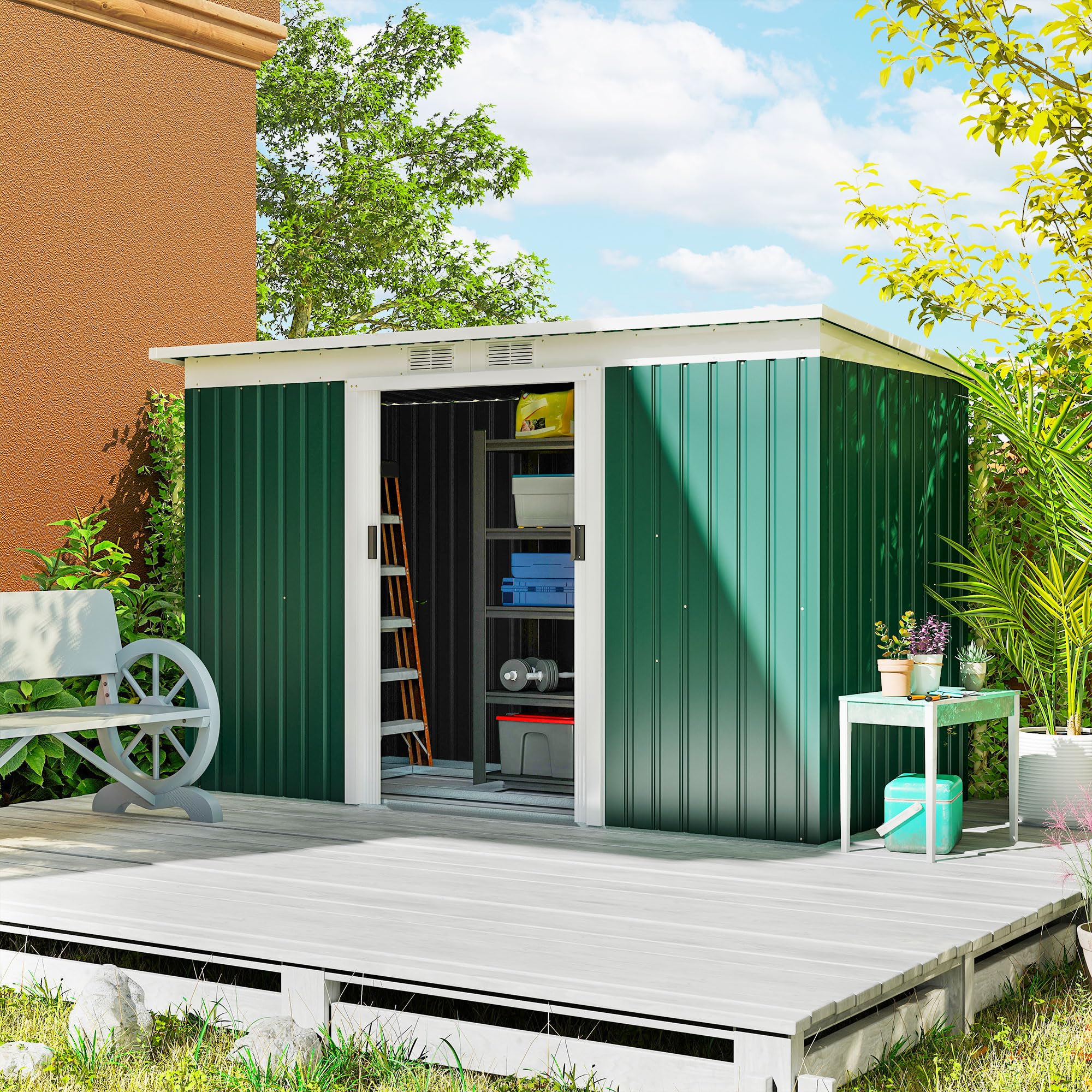 Photo 1 of Outsunny 9' x 4' Outdoor Storage Shed, Metal Garden Tool House with Sloping Roof and Lockable Door for Backyard, Bike, Patio, Garage, Lawn, Green