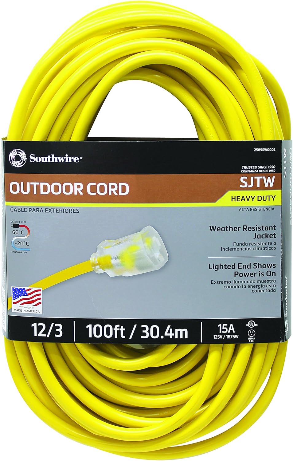 Southwire 25890002 2589SW0002 Outdoor Cord-12/3 American Made SJTW Heavy Duty 3 Prong Extension Cord, Water Resistant Vinyl Jacket, for Commercial Use and Major Appliances, Foot, Yellow, 100 Feet - - 