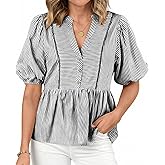 dowerme Womens Summer Tops 2026 Fashion Lantern Short Sleeve V Neck Button Peplum Shirts Spring Stripes Babydoll Blouses