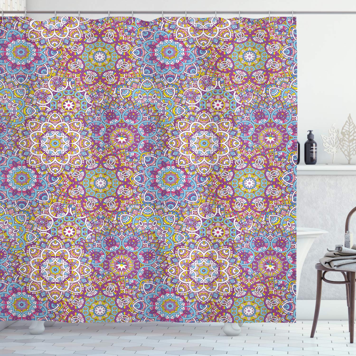 ABAKUHAUS Lotus Shower Curtain, Mandala Pattern with Mixed Floral Folk Circles Colorful Oriental Florets Design, Cloth Fabric Bathroom Decor Set with Hooks, 70 Inches, Multicolor