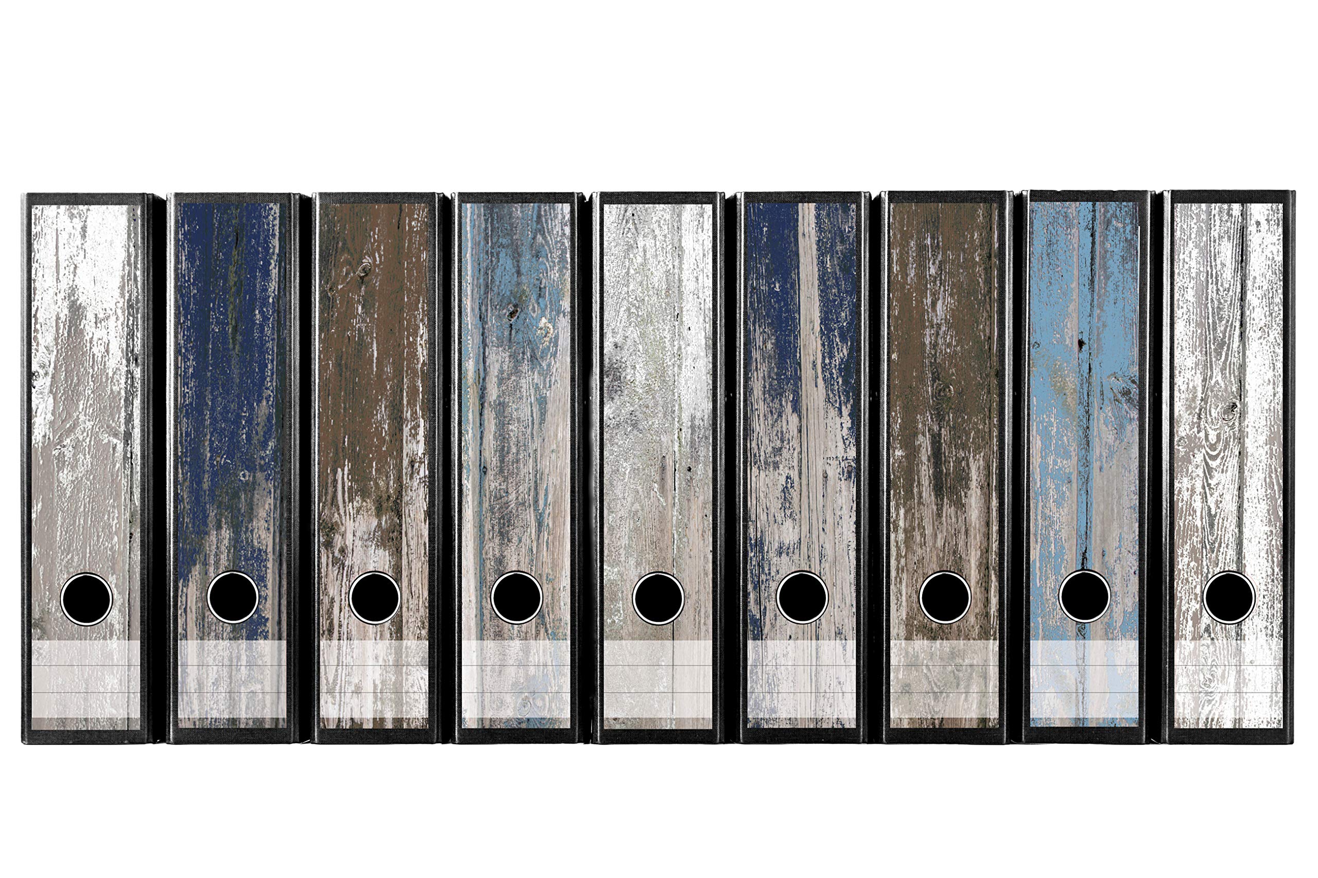 codiarts. Self-Adhesive Folder Spine, Label Set for 9 Wide Folders, Punched with Finger Hole, Wide Spine Label, Vintage Motif, Old Maritime Wood Planks, Vintage