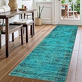 Washable Runner Rugs 2x6, Vintage Distressed Non-Slip Kitchen Rug Runner, Retro Abstract Low Pile Rug Runners for Hallways Soft Carpet Runners for Bedroom Laundry Room, Teal Multi