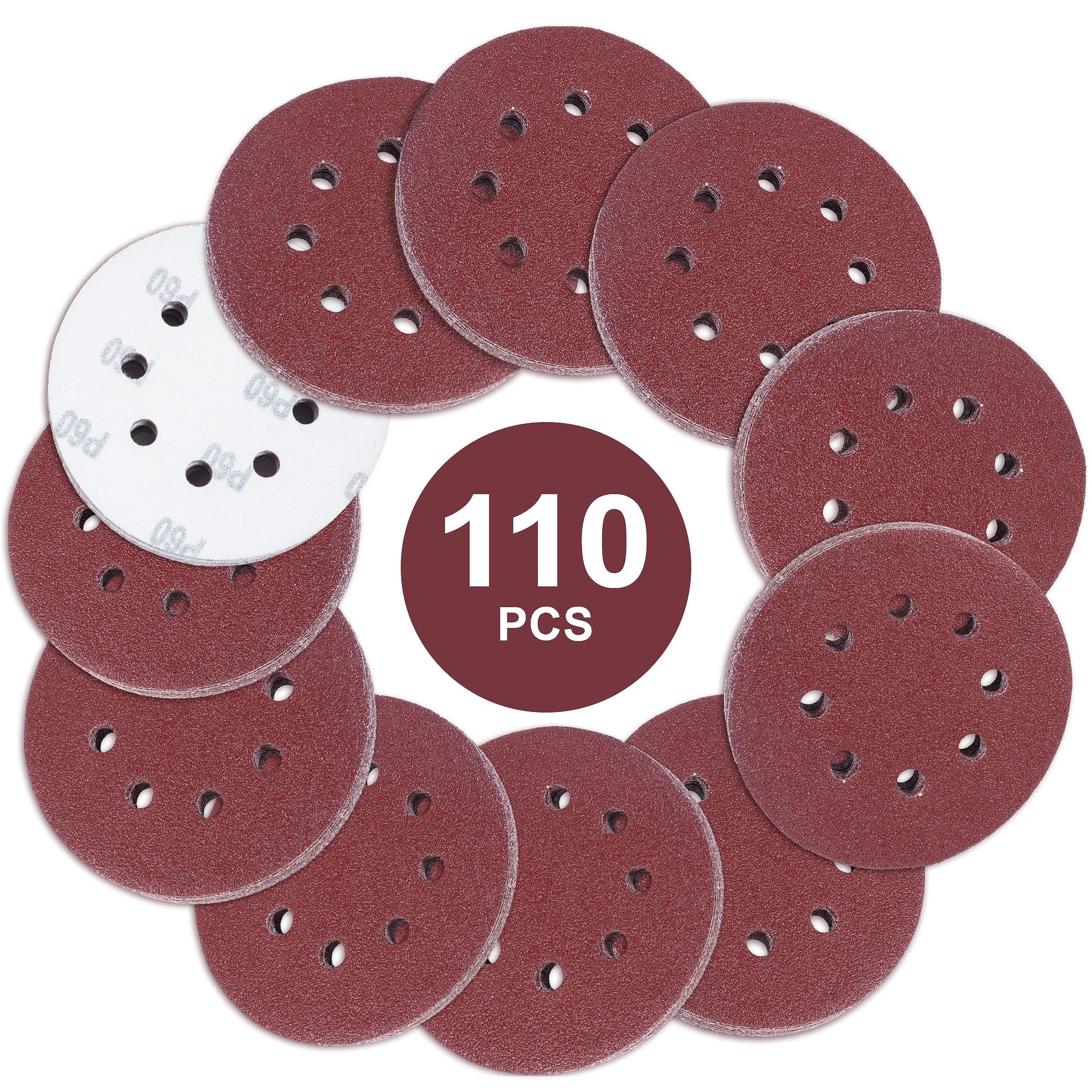 MIDO Professioanl Abrasive 125 mm Sanding Discs 110 Pcs Sandpaper 5 Inch 8 Hole Sanding Pads 60 Grit Sanding Disc Hook and Loop Round Orbital Sander Pads for Sanding — image 1