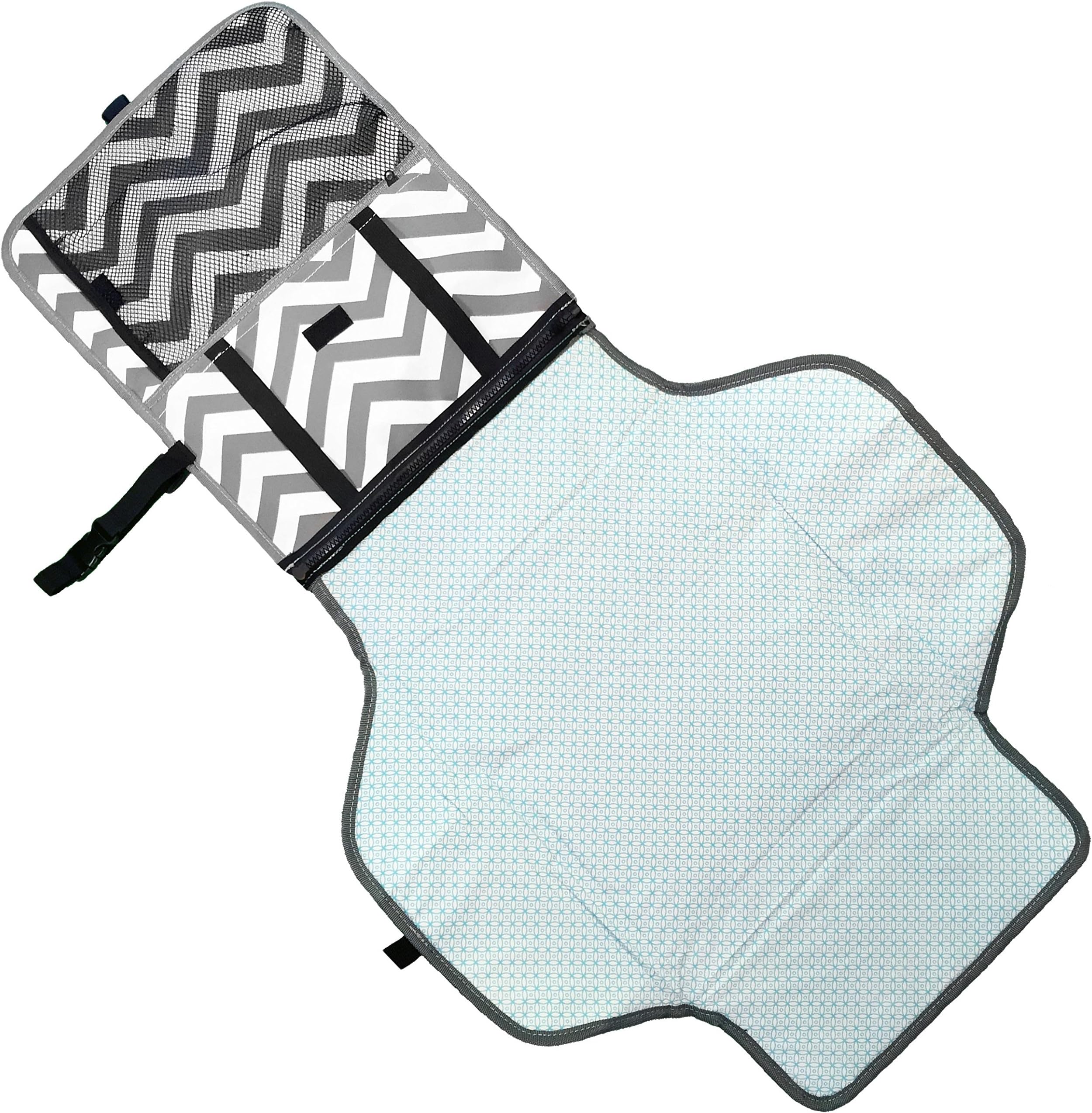 ASUKALA Improved Diaper Changing Pad Mat Station Travel Kit Portable Compact Waterproof, White Gray Chevron