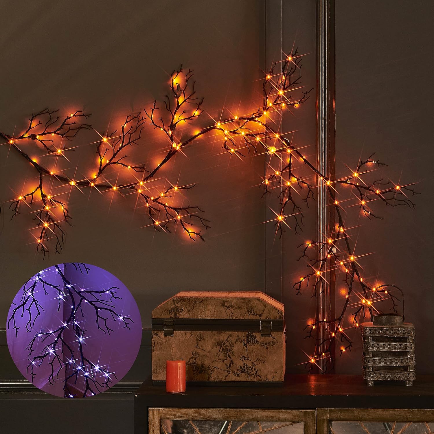 Wreaths, Garlands & Swags - LITBLOOM Halloween Garland Lights 8 Functions 120 Orange and Purple Bi-Color Fairy Lights, Lighted Black Garland Battery Operated for Fall Halloween Decor Inside Outdoor