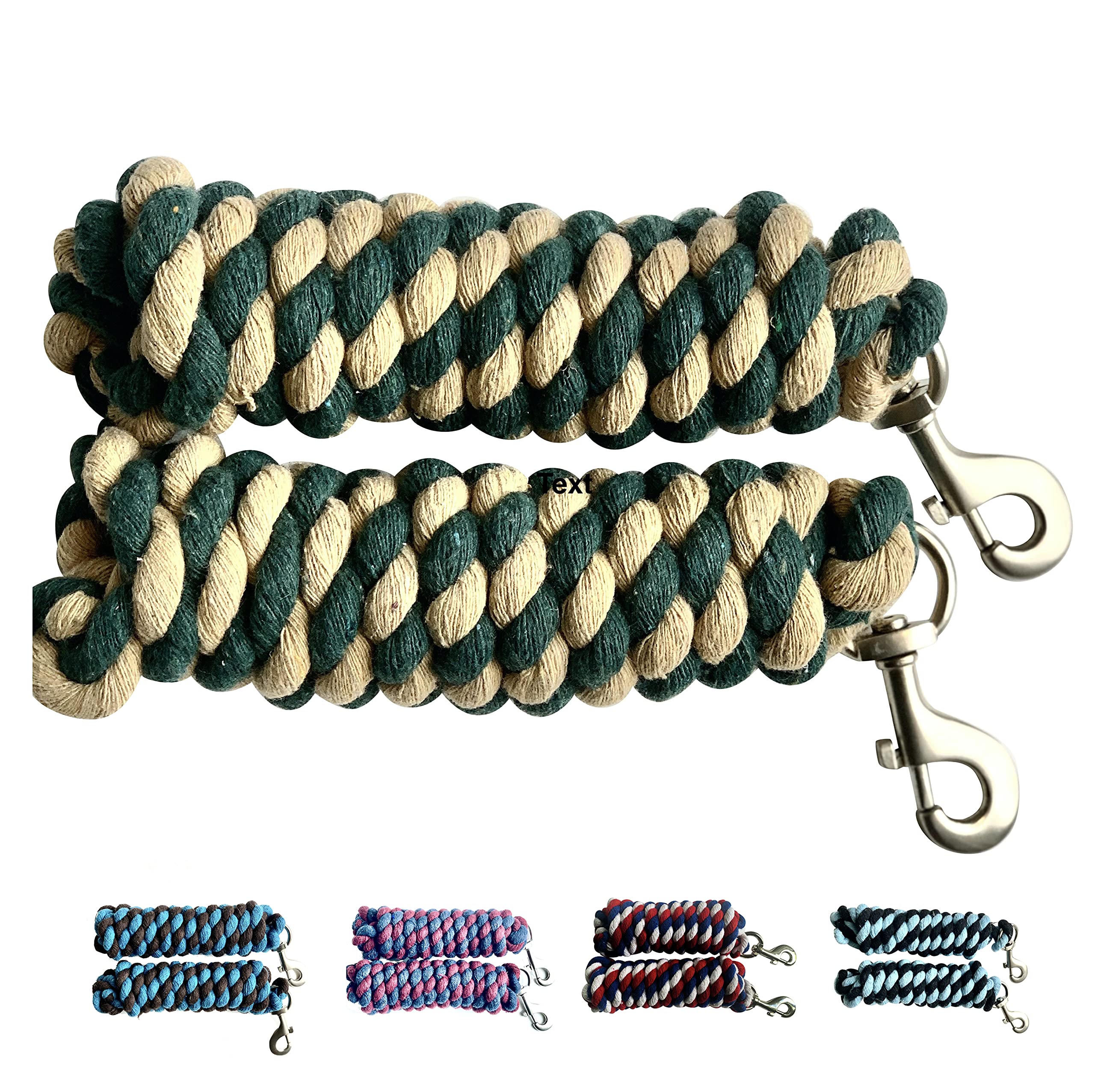 Majestic Ally Pack of 2 Solid Cotton Lead Rope for Horses & Livestock – 10 Foot Long and 5/8 inch Thick - Replaceable Heavy-Duty Satin Bolt Snap – Handmade – Soft, Broken in Feel (Hunter Green -Tan)